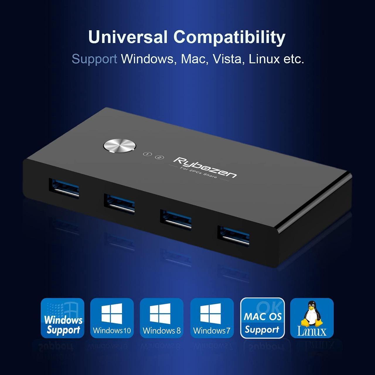 Alt view image 2 of 7 - USB 3.0 Switch Selector, KVM Switch Adapter 4 Port 2 Computers, USB Peripheral KM Switcher Box Hub for Mouse Keyboard Scanner Printer PC, with One Button Swapping and 2 Pack USB Cable