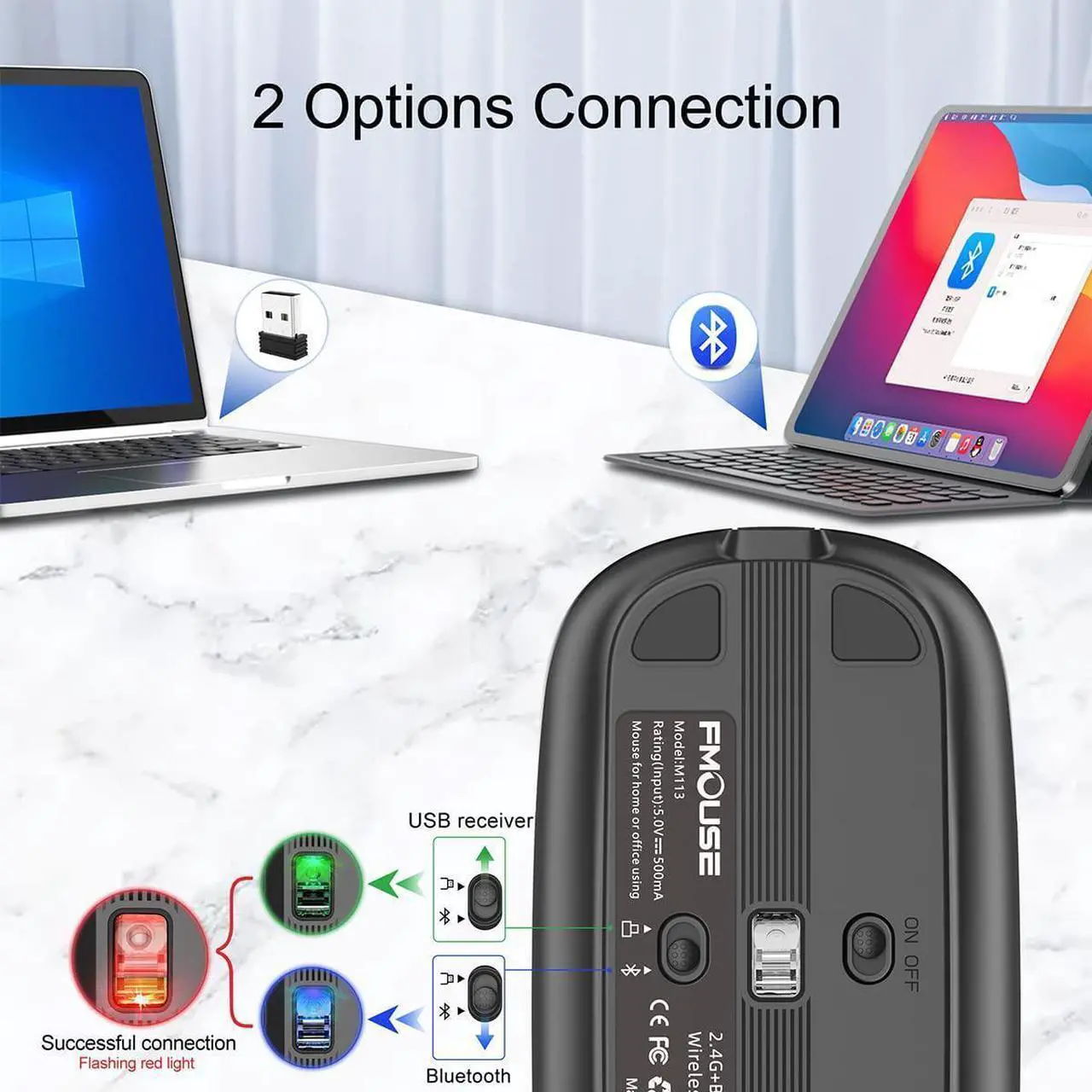 Alt view image 2 of 7 - Silent Bluetooth Wireless Mouse, Slim Travel Mouse with USB Receiver, 2.4G Wireless Bluetooth 5.1 Dual Mode 2400 DPI Quick Mute & Desktop Return Button, Rechargeable Mouse for PC Laptop Desktop (Grey)