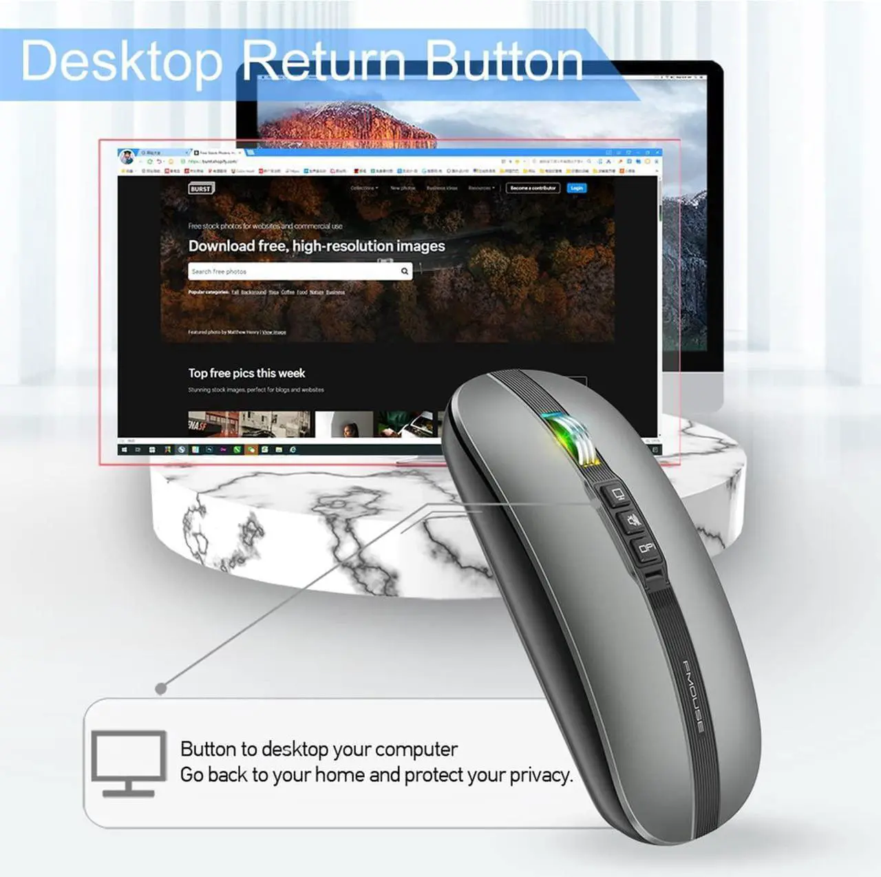 Alt view image 4 of 7 - Silent Bluetooth Wireless Mouse, Slim Travel Mouse with USB Receiver, 2.4G Wireless Bluetooth 5.1 Dual Mode 2400 DPI Quick Mute & Desktop Return Button, Rechargeable Mouse for PC Laptop Desktop (Grey)
