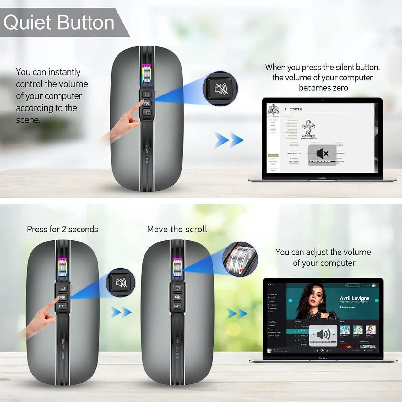 Alt view image 5 of 7 - Silent Bluetooth Wireless Mouse, Slim Travel Mouse with USB Receiver, 2.4G Wireless Bluetooth 5.1 Dual Mode 2400 DPI Quick Mute & Desktop Return Button, Rechargeable Mouse for PC Laptop Desktop (Grey)