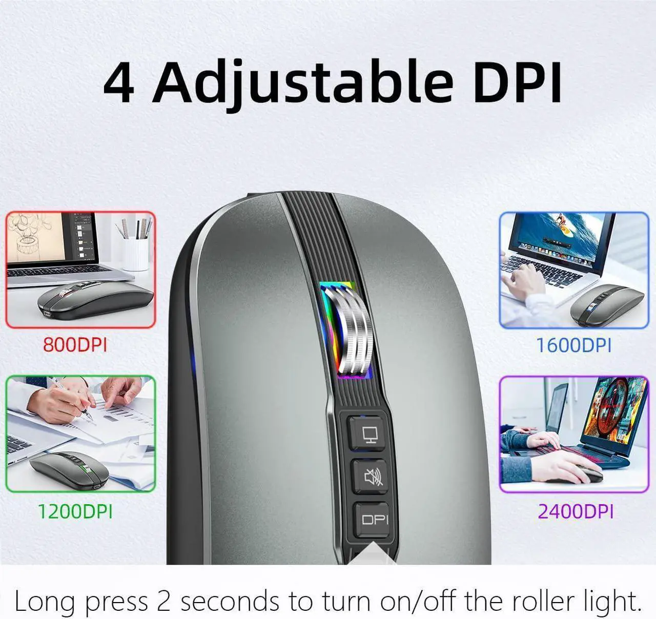 Alt view image 6 of 7 - Silent Bluetooth Wireless Mouse, Slim Travel Mouse with USB Receiver, 2.4G Wireless Bluetooth 5.1 Dual Mode 2400 DPI Quick Mute & Desktop Return Button, Rechargeable Mouse for PC Laptop Desktop (Grey)