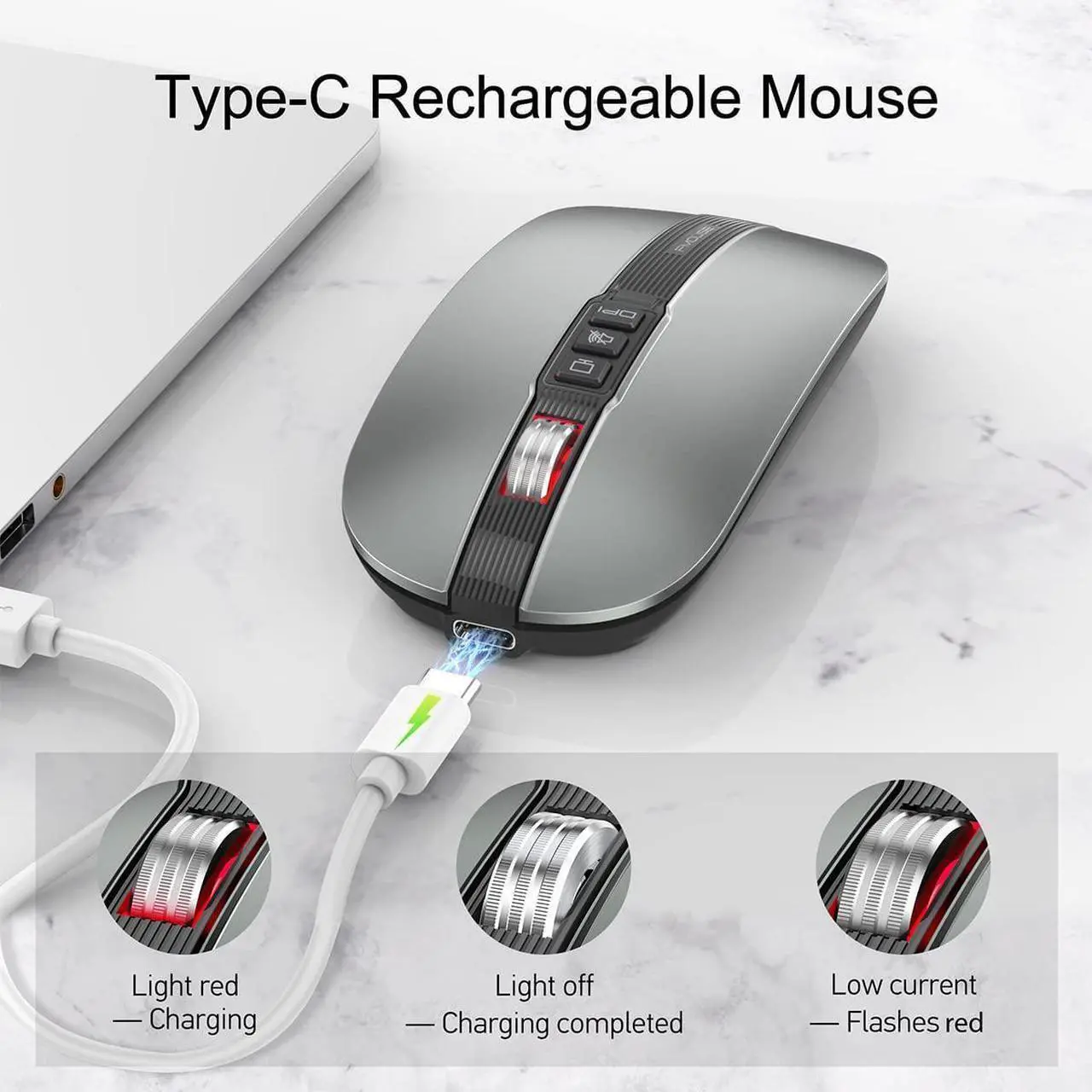 Alt view image 7 of 7 - Silent Bluetooth Wireless Mouse, Slim Travel Mouse with USB Receiver, 2.4G Wireless Bluetooth 5.1 Dual Mode 2400 DPI Quick Mute & Desktop Return Button, Rechargeable Mouse for PC Laptop Desktop (Grey)