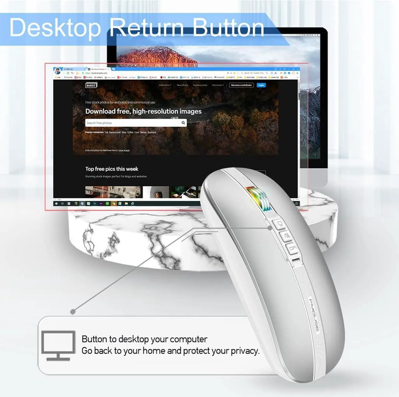 Alt view image 4 of 7 - Silent Bluetooth Wireless Mouse, Slim Travel Mouse with USB Receiver, 2.4G Wireless Bluetooth 5.1 Dual Mode 2400 DPI Quick Mute & Desktop Return Button, Rechargeable Mouse for PC Laptop Desktop
