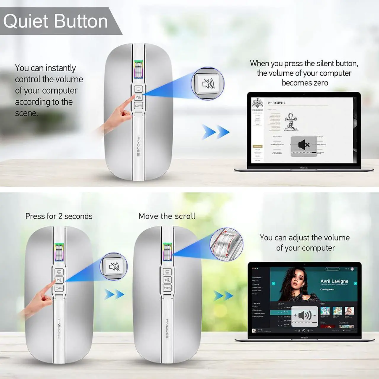 Alt view image 5 of 7 - Silent Bluetooth Wireless Mouse, Slim Travel Mouse with USB Receiver, 2.4G Wireless Bluetooth 5.1 Dual Mode 2400 DPI Quick Mute & Desktop Return Button, Rechargeable Mouse for PC Laptop Desktop