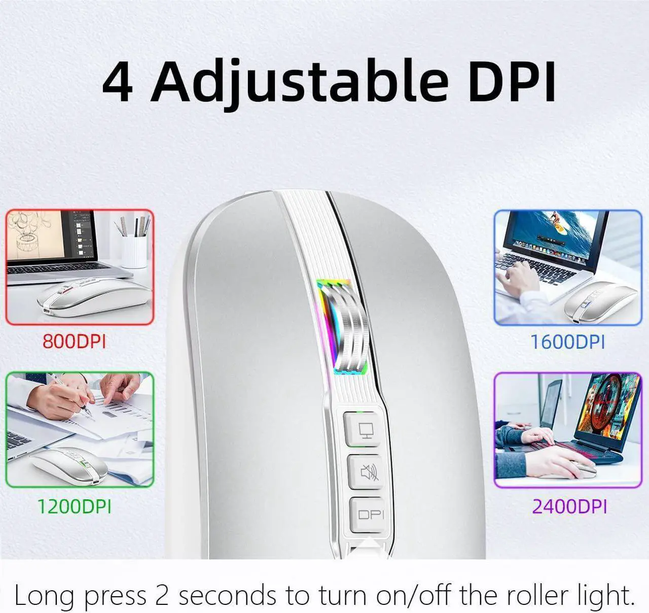 Alt view image 6 of 7 - Silent Bluetooth Wireless Mouse, Slim Travel Mouse with USB Receiver, 2.4G Wireless Bluetooth 5.1 Dual Mode 2400 DPI Quick Mute & Desktop Return Button, Rechargeable Mouse for PC Laptop Desktop