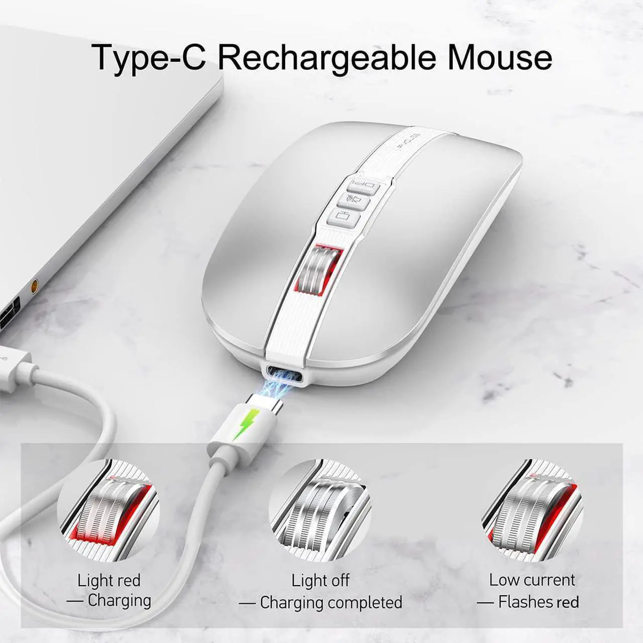 Alt view image 7 of 7 - Silent Bluetooth Wireless Mouse, Slim Travel Mouse with USB Receiver, 2.4G Wireless Bluetooth 5.1 Dual Mode 2400 DPI Quick Mute & Desktop Return Button, Rechargeable Mouse for PC Laptop Desktop