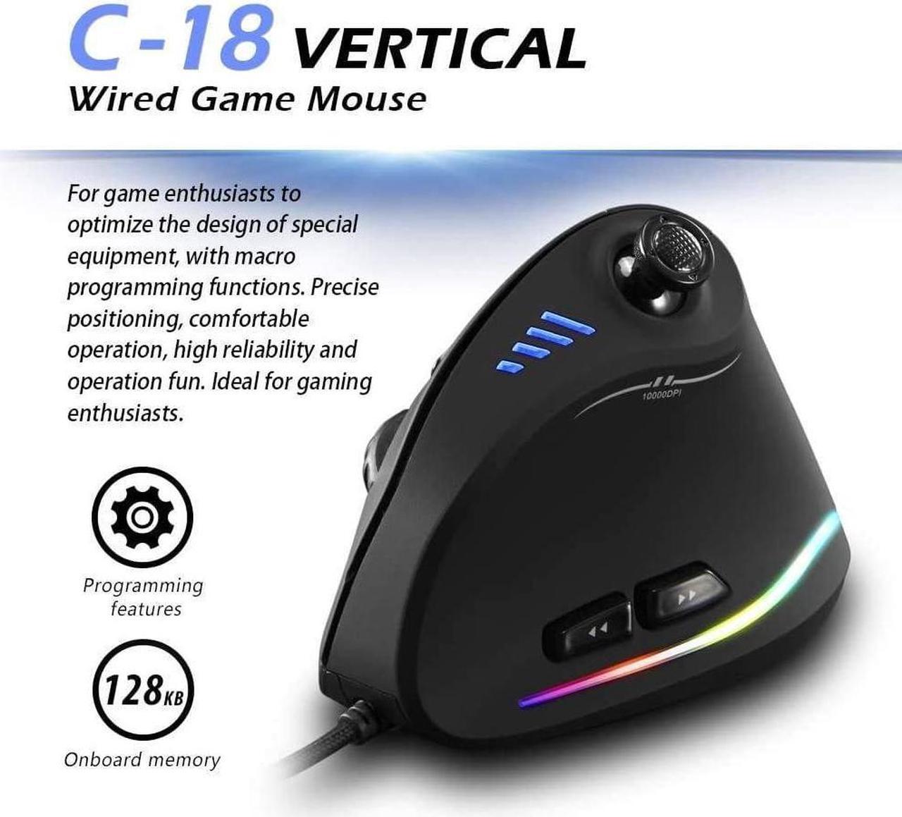 Main image of Zelotes Vertical Mouse with Control bar,10000DPI Ergonomic Mouse, LED Optical USB Wired Gaming Mouse for Laptop,PC Black