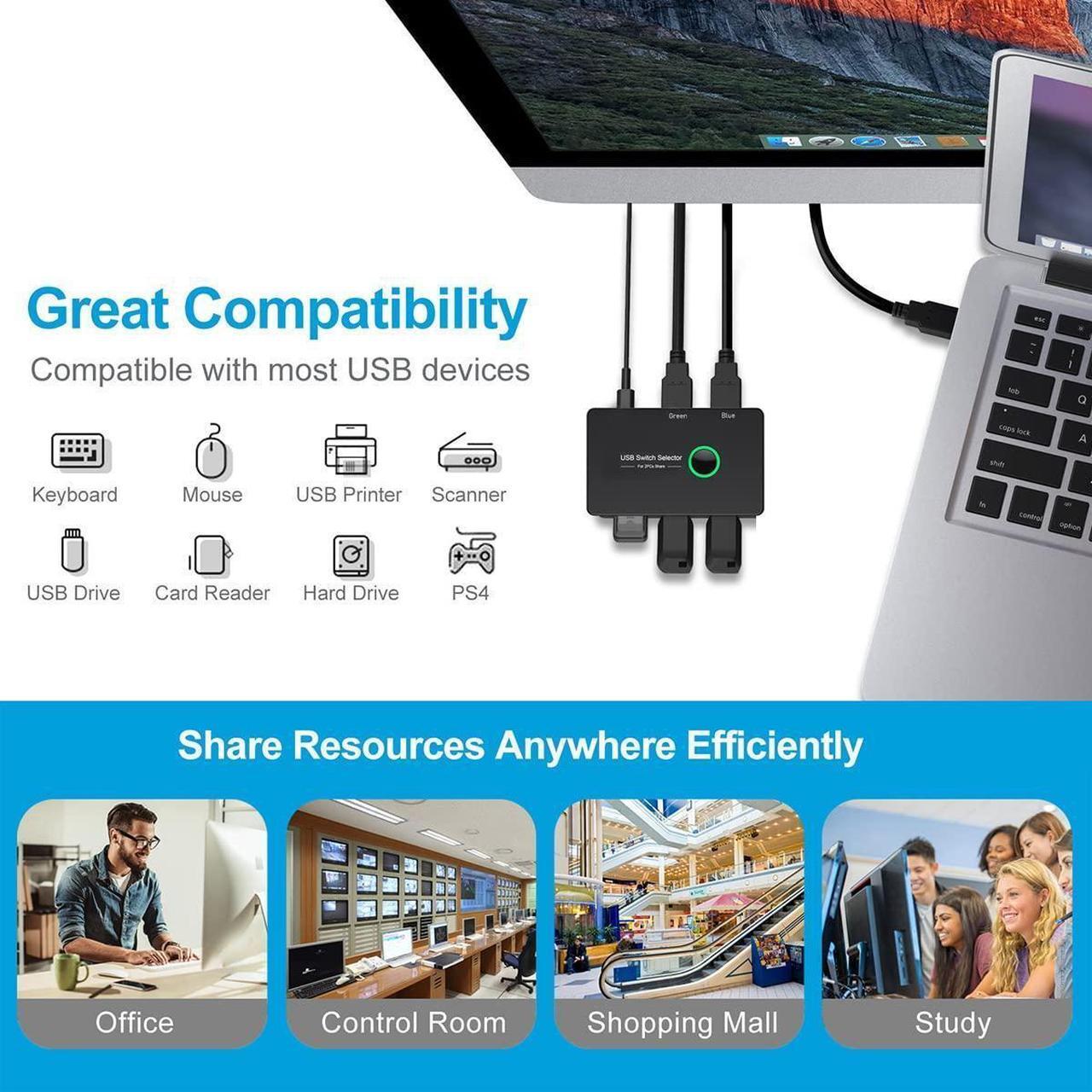 Alt view image 2 of 7 - 2 in 4 Out Switch Selector, USB 3.0 2.0 Switcher KVM Switch for Windows10 PC Keyboard Mouse Printer 2 PCs Sharing 4 Devices USB Switch (Black)