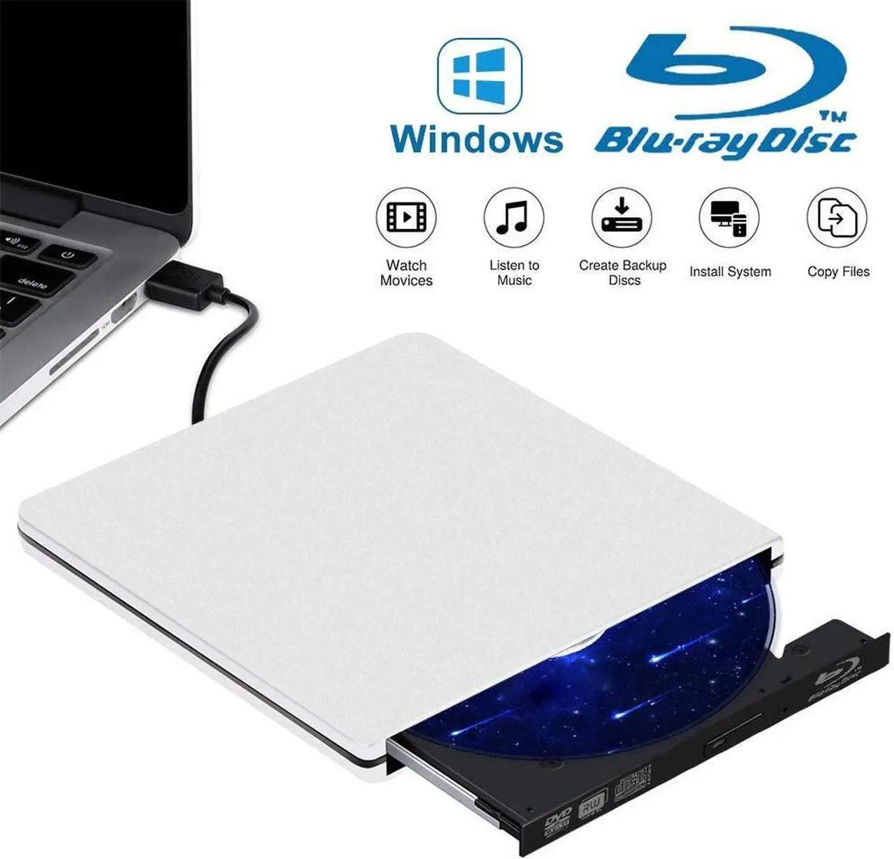 Main image of External Blu Ray CD DVD Drive Burner 3D, USB 3.0 BD ROM DVDRW CDRW Bluray Burner Player Writer Rewriter Reader for Macbook Notebook Laptop Mac OS Windows 10 8 7 XP