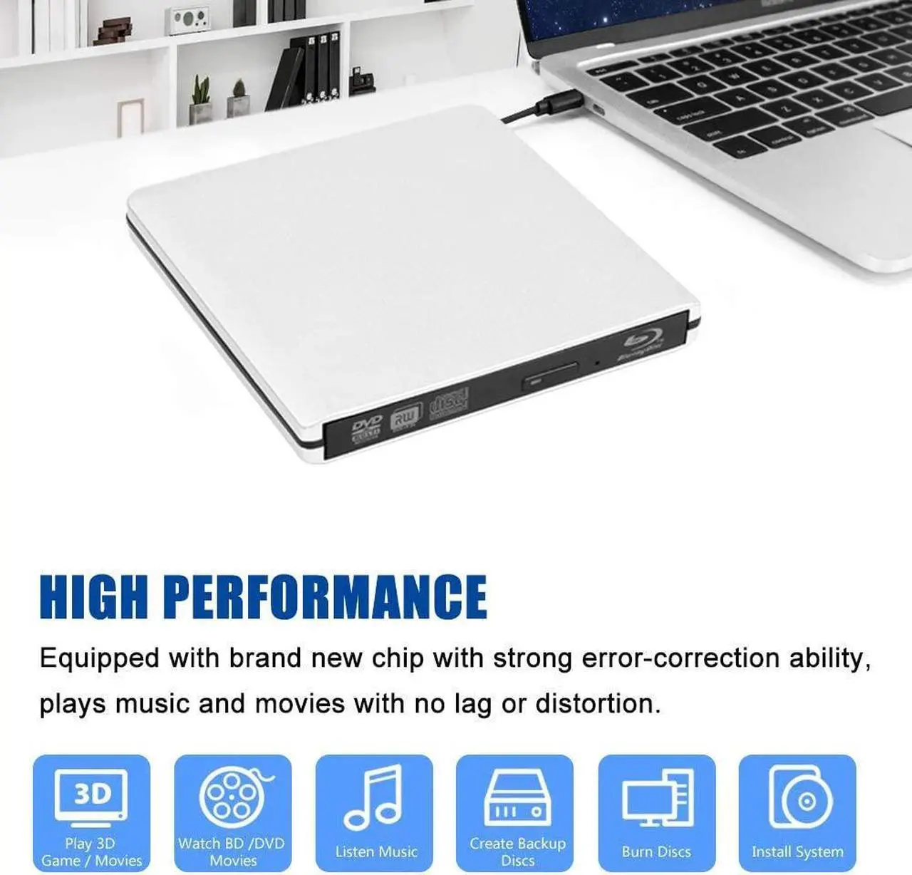 Alt view image 2 of 7 - External Blu Ray CD DVD Drive Burner 3D, USB 3.0 BD ROM DVDRW CDRW Bluray Burner Player Writer Rewriter Reader for Macbook Notebook Laptop Mac OS Windows 10 8 7 XP