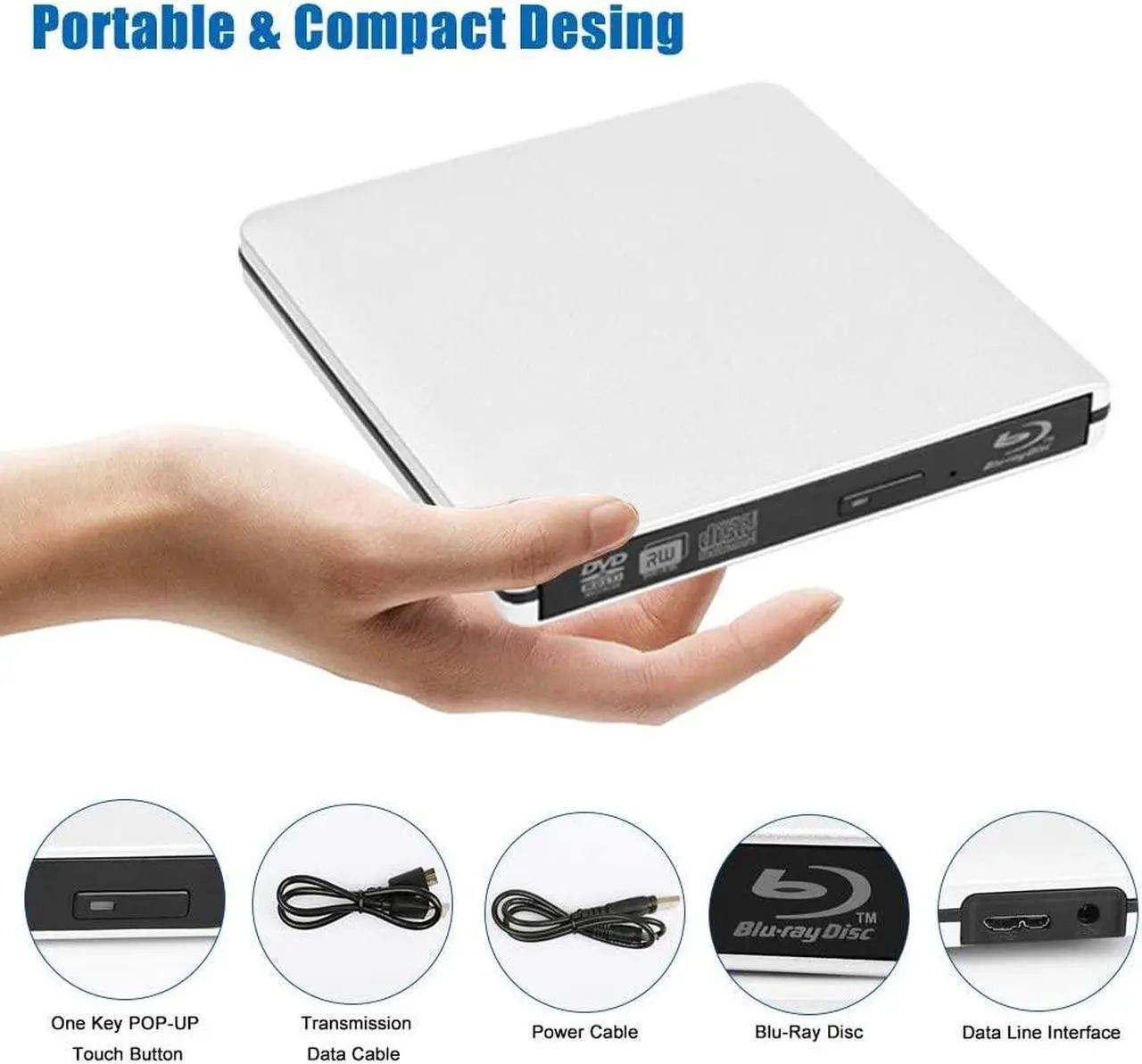 Alt view image 4 of 7 - External Blu Ray CD DVD Drive Burner 3D, USB 3.0 BD ROM DVDRW CDRW Bluray Burner Player Writer Rewriter Reader for Macbook Notebook Laptop Mac OS Windows 10 8 7 XP