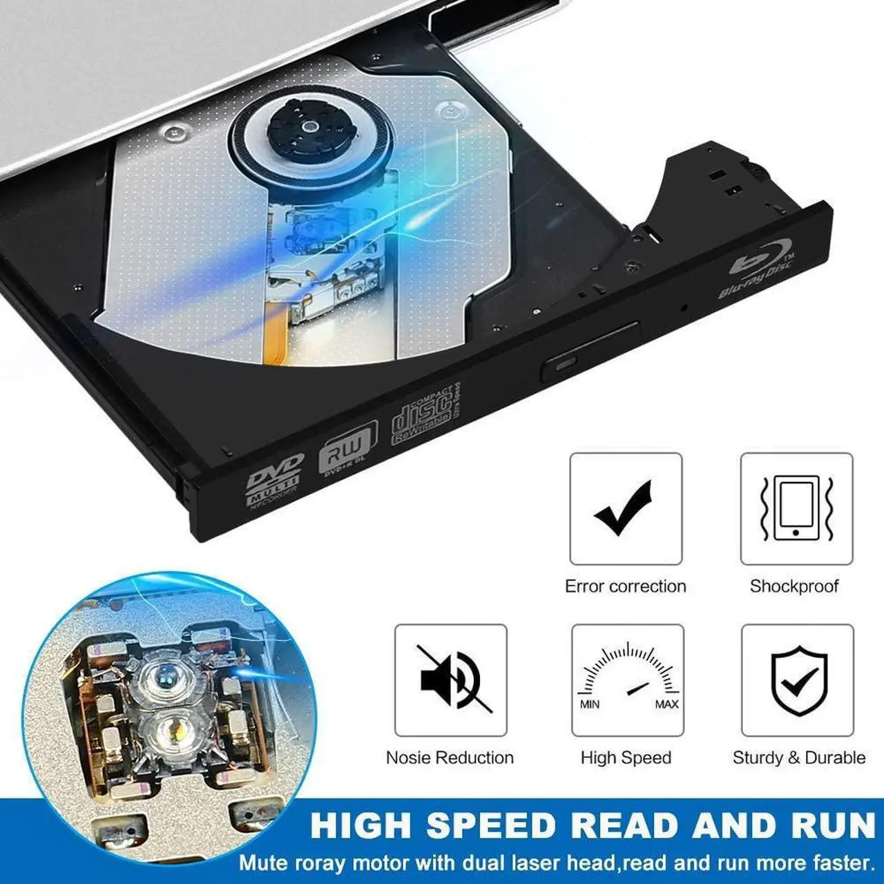 Alt view image 3 of 7 - External Blu Ray CD DVD Drive Burner 3D, USB 3.0 BD ROM DVDRW CDRW Bluray Burner Player Writer Rewriter Reader for Macbook Notebook Laptop Mac OS Windows 10 8 7 XP