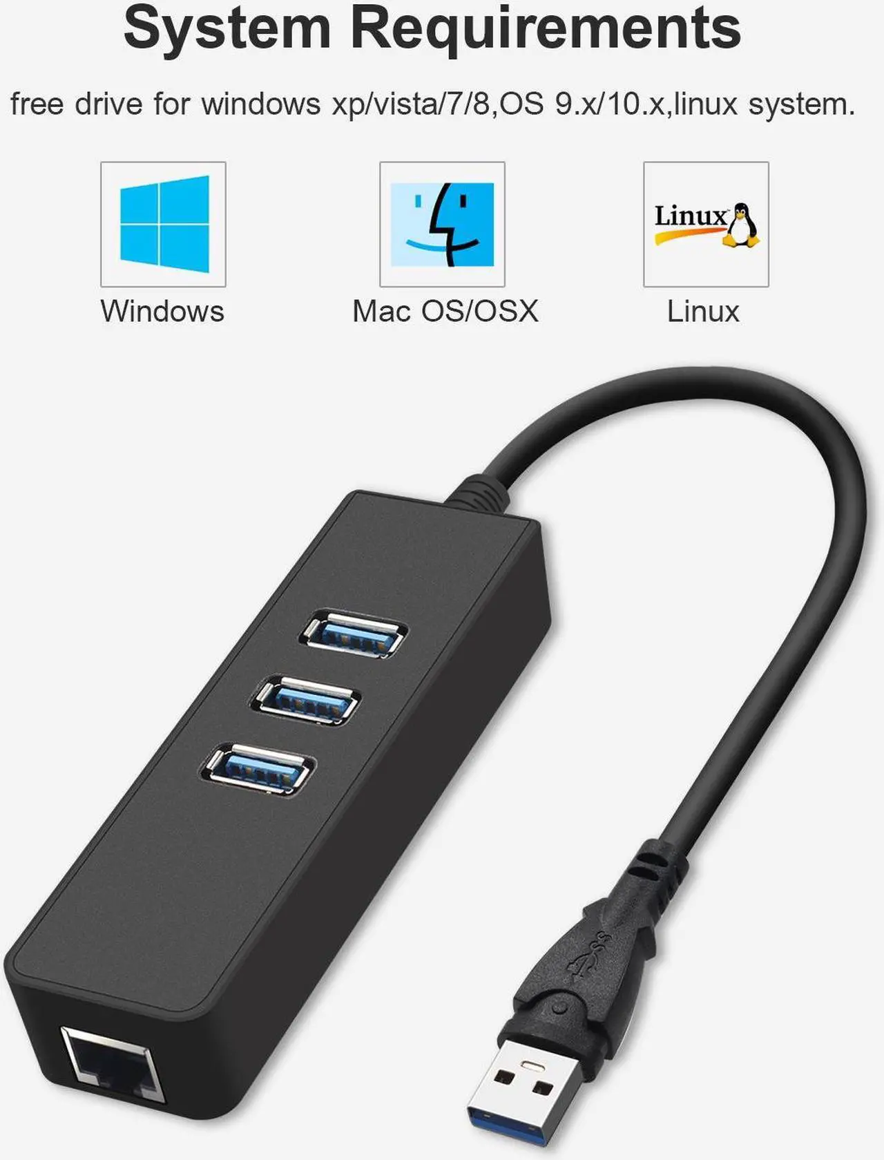 Alt view image 2 of 7 - 3 Ports USB Hub USB 3.0 To RJ45 Gigabit Ethernet LAN Wired Network Adapter 10/100/1000 Mbps For Windows Mac Laptop
