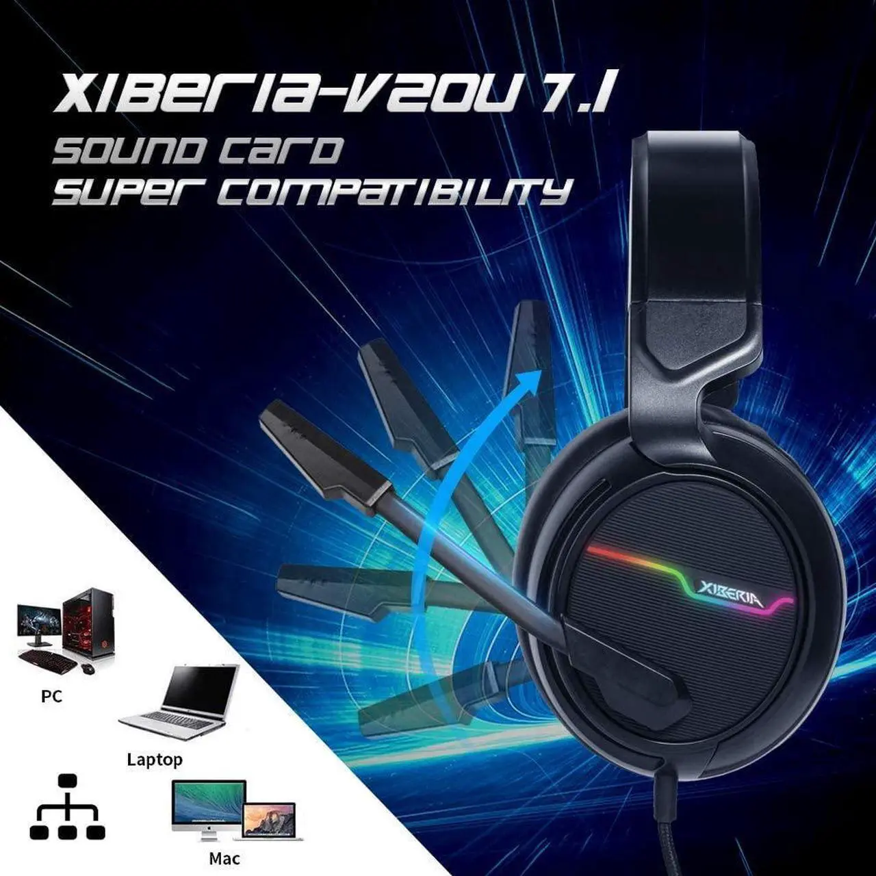 Alt view image 3 of 7 - USB PS4 Headset for Host Connection, 7.1 Surround Sound PC Gaming Headset with 1.95 Meter Cable and Noise Cancelling Mic Headphones for Laptops, Computer,Mac and Macbook with RGB Light