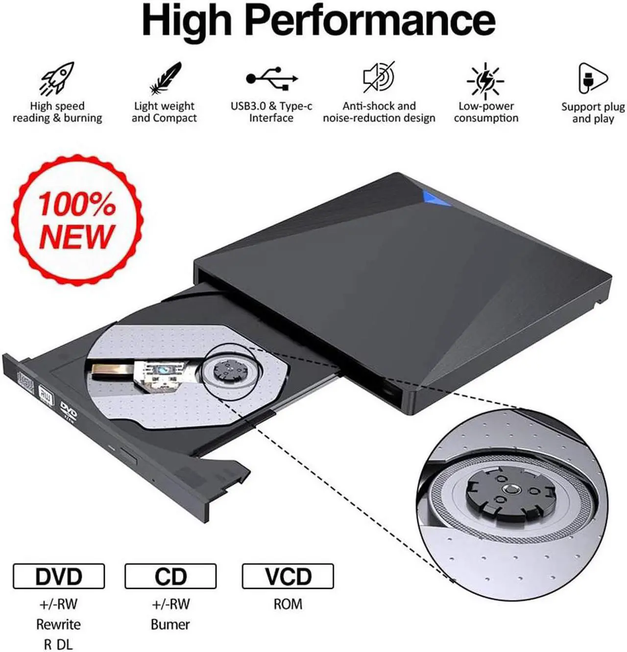 Alt view image 2 of 7 - [Upgraded] External CD DVD Drive, USB 3.0 Type-C Portable Optical Superdrive Burner Player Writer CD DVD +/- RW, Compatible with Windows 10 8 7 XP Vista Mac OS System for Mac Pro Air iMac Laptop
