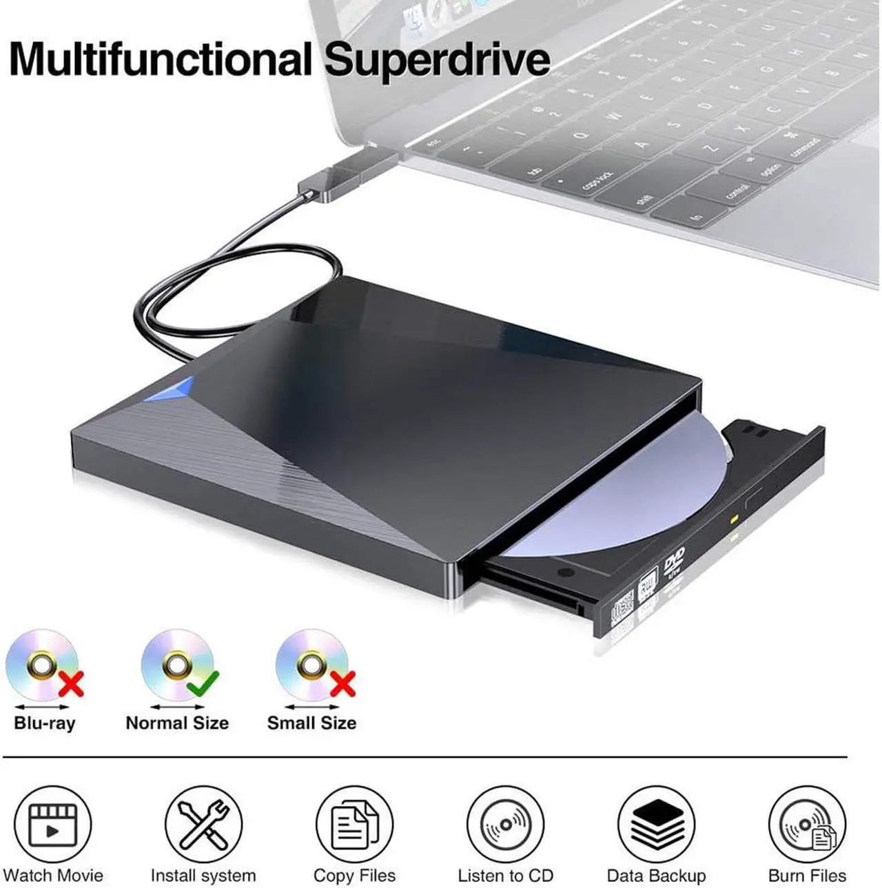 Alt view image 3 of 7 - [Upgraded] External CD DVD Drive, USB 3.0 Type-C Portable Optical Superdrive Burner Player Writer CD DVD +/- RW, Compatible with Windows 10 8 7 XP Vista Mac OS System for Mac Pro Air iMac Laptop