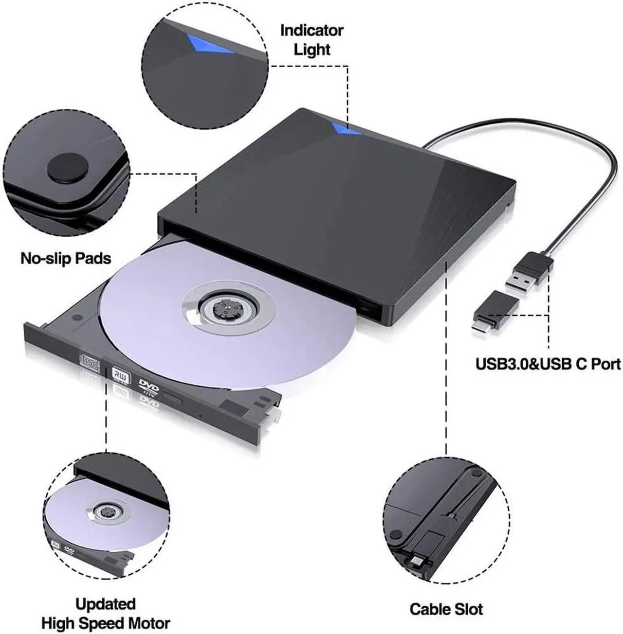 Alt view image 5 of 7 - [Upgraded] External CD DVD Drive, USB 3.0 Type-C Portable Optical Superdrive Burner Player Writer CD DVD +/- RW, Compatible with Windows 10 8 7 XP Vista Mac OS System for Mac Pro Air iMac Laptop
