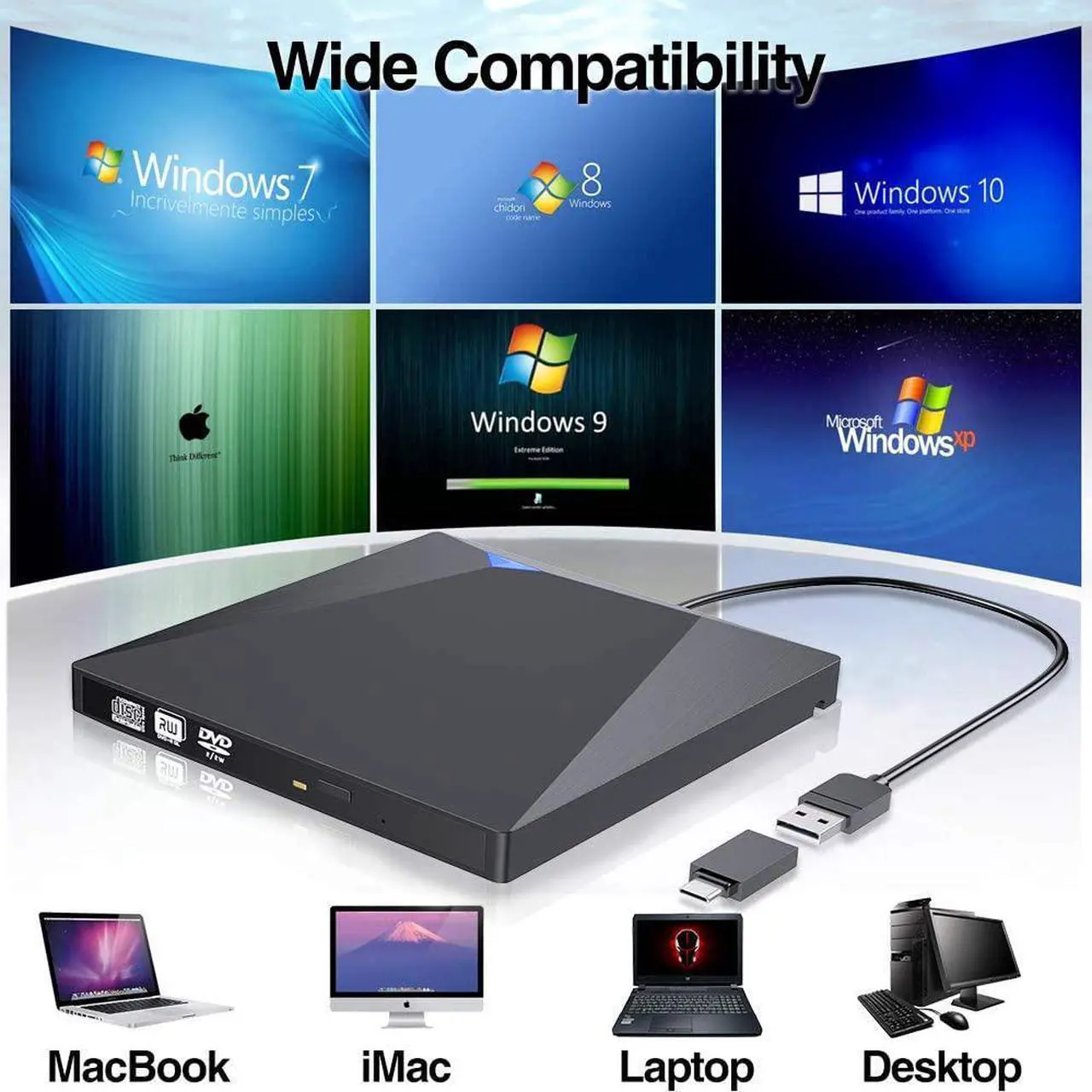 Alt view image 6 of 7 - [Upgraded] External CD DVD Drive, USB 3.0 Type-C Portable Optical Superdrive Burner Player Writer CD DVD +/- RW, Compatible with Windows 10 8 7 XP Vista Mac OS System for Mac Pro Air iMac Laptop