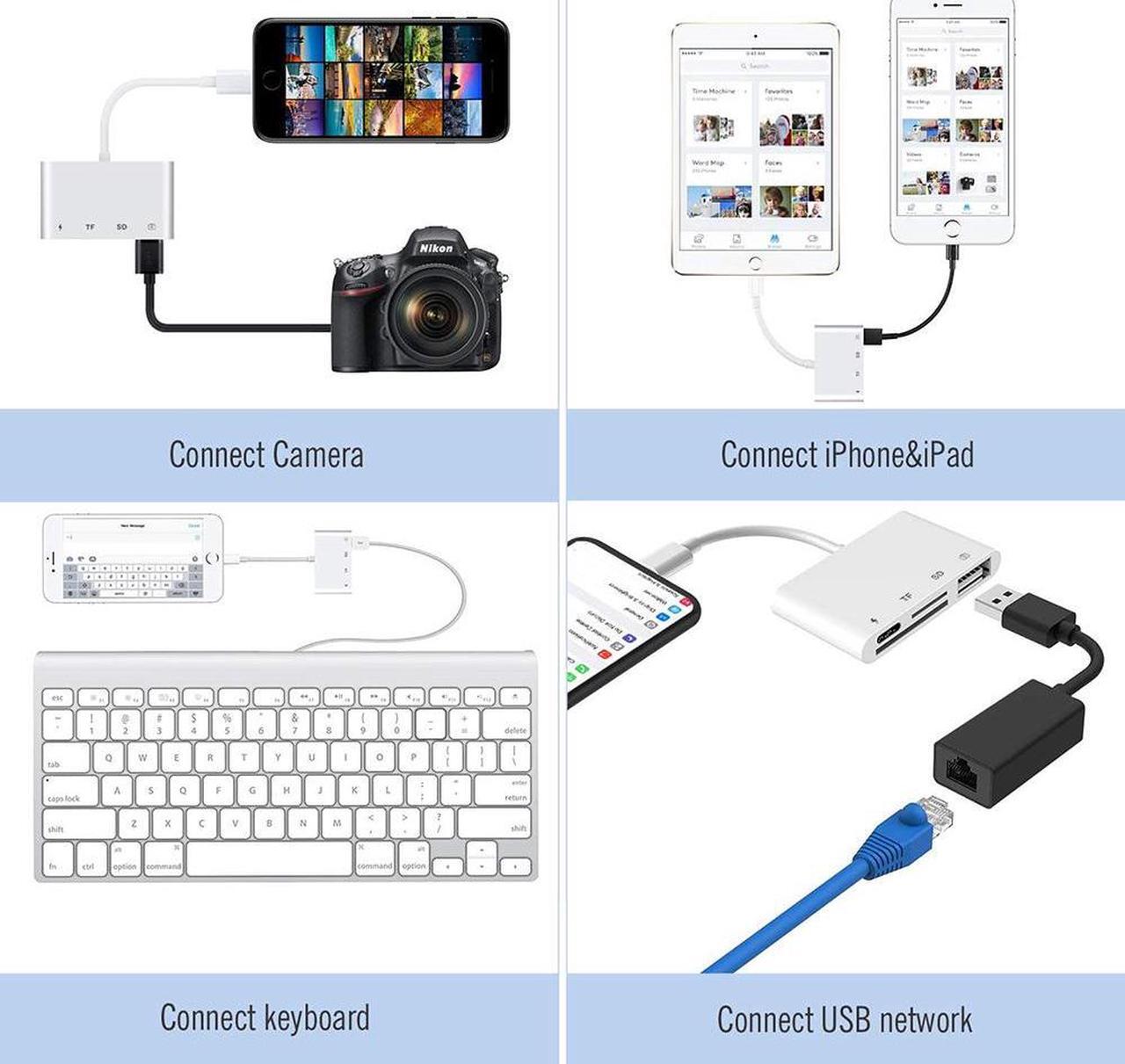 Alt view image 4 of 7 - Lightning Adapter SD Card Reader for iPhone iPad, 4 in 1 USB OTG Camera Connection Kit with Camera Memory Reader, SD &TF Dual Slot Card, Power Delivery, Compatible with iPhone Xs Max/Xs/XR/X/8/7/6s/6