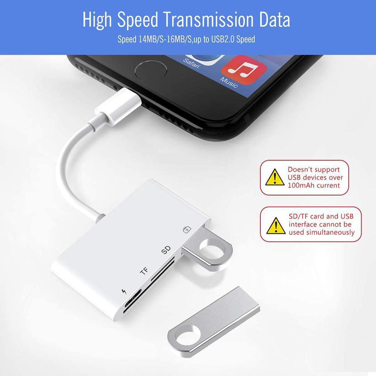 Alt view image 6 of 7 - Lightning Adapter SD Card Reader for iPhone iPad, 4 in 1 USB OTG Camera Connection Kit with Camera Memory Reader, SD &TF Dual Slot Card, Power Delivery, Compatible with iPhone Xs Max/Xs/XR/X/8/7/6s/6