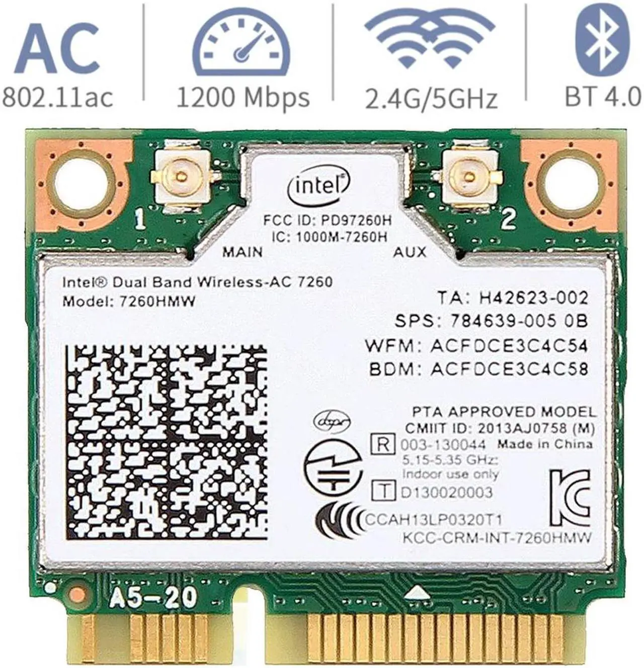 Main image of Mini pcie WiFi Card Dual Band Wireless AC 7260 PCI Express Card 802.11ac 2x2 Wi-Fi 7260hmw Bluetooth 4.0 PCIe Half WiFi Card 802.11 b/a/g/n/ac for Laptop Window 7 8 8.1 10 Linux 2.4.x/2.6.x or Later