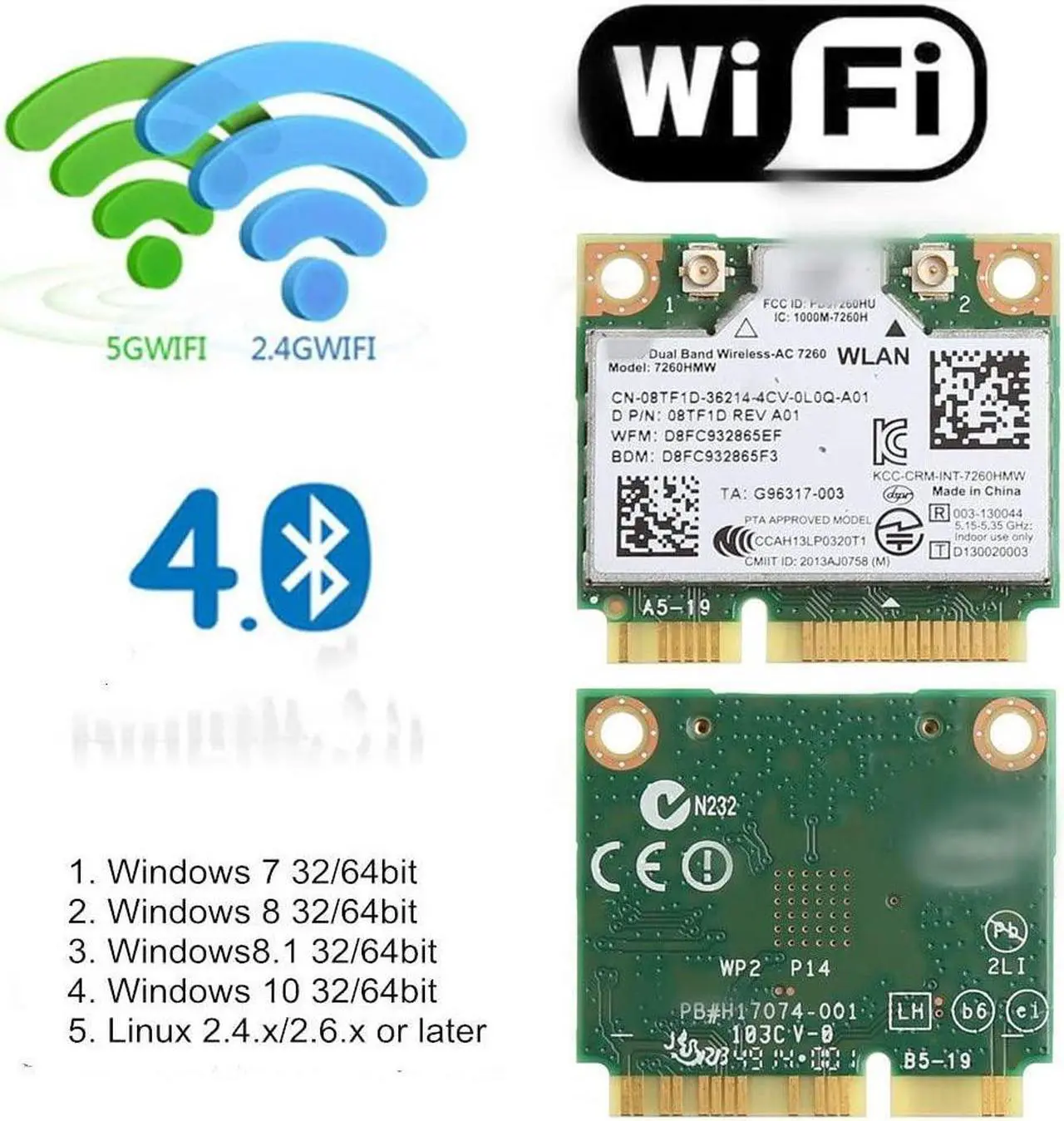 Alt view image 3 of 7 - Mini pcie WiFi Card Dual Band Wireless AC 7260 PCI Express Card 802.11ac 2x2 Wi-Fi 7260hmw Bluetooth 4.0 PCIe Half WiFi Card 802.11 b/a/g/n/ac for Laptop Window 7 8 8.1 10 Linux 2.4.x/2.6.x or Later