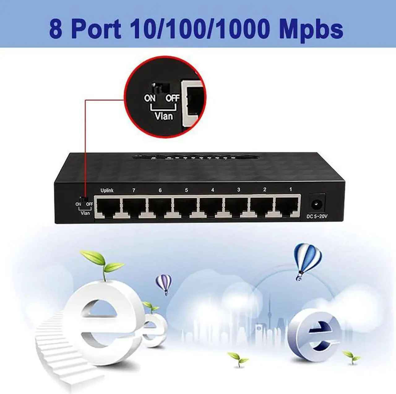 Alt view image 2 of 7 - New 8-Port Gigabit Ethernet Switch 10/100/1000Mbps RJ45 Ports (Auto MDI/MDIX) Plug and Play Power Saving Desktop Switch