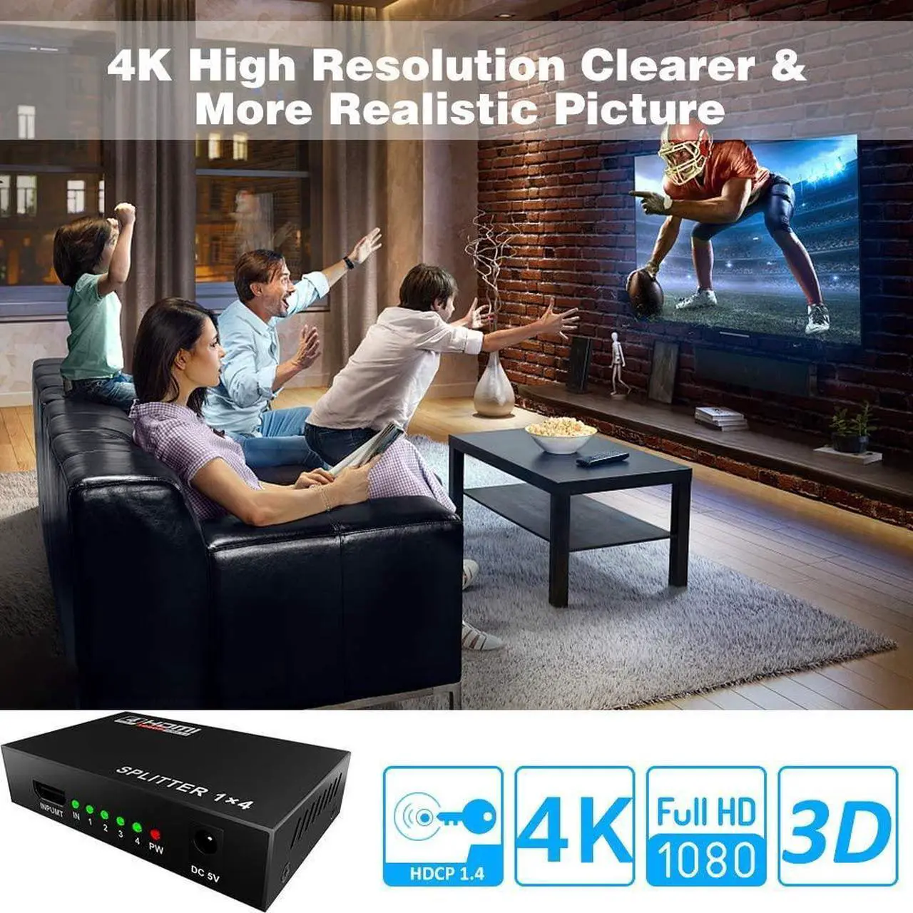 Alt view image 6 of 7 - HDMI Splitter 1 in 4 Out V1.4 Powered 1x4 Ports Box Supports 4K @30Hz Full Ultra HD 1080P 3D Compatible with PC STB Xbox PS4 Fire Stick Roku Blu-Ray Player TV HDTV (1 Input to 4 Outputs)