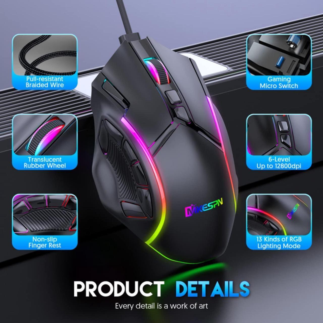 Alt view image 6 of 7 - USB Wired Gaming Mouse, PC Computer Mice USB Mouse with 13 RGB LED Modes, High-Precision 12800 DPI Adjustable, 12 Programmable Buttons, Ergonomic Optical Mouse for Windows PC Mac Laptop Gamer
