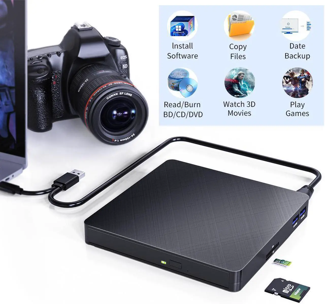 Alt view image 2 of 7 - External Bluray Drive, 5-in-1 USB 3.0 & Type-C 3D Blu-ray External CD DVD Burner Reader Writer Slim BD CD DVD Optical Bluray Drive forWindows XP/7/8/10, MacOS (with SD/TF Card Reader/2 USB3.0 Hubs)