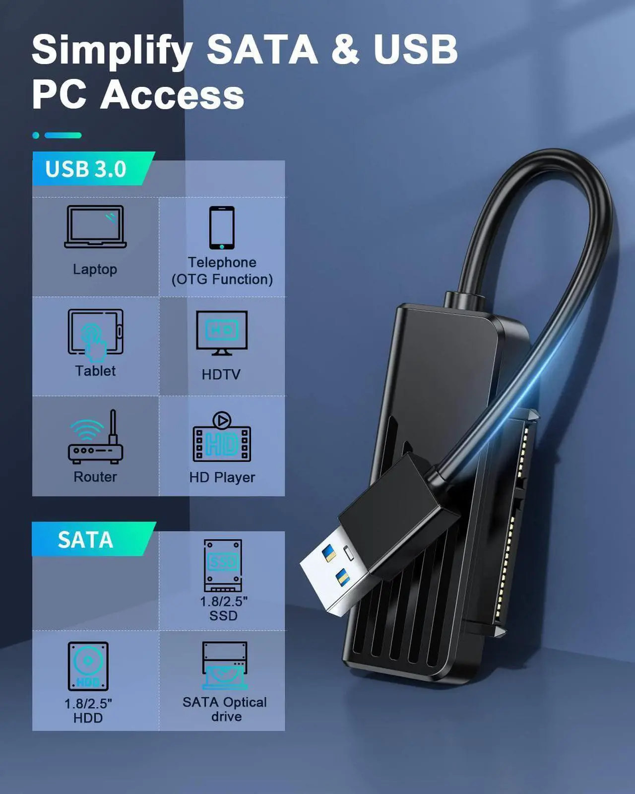 Alt view image 2 of 7 - SATA to USB A Cable, USB 3.0 to SATA III External Hard Drive Adapter for SSD/2.5 1.8 HDD External Converter in Data Transfer, UASP Support (Black)
