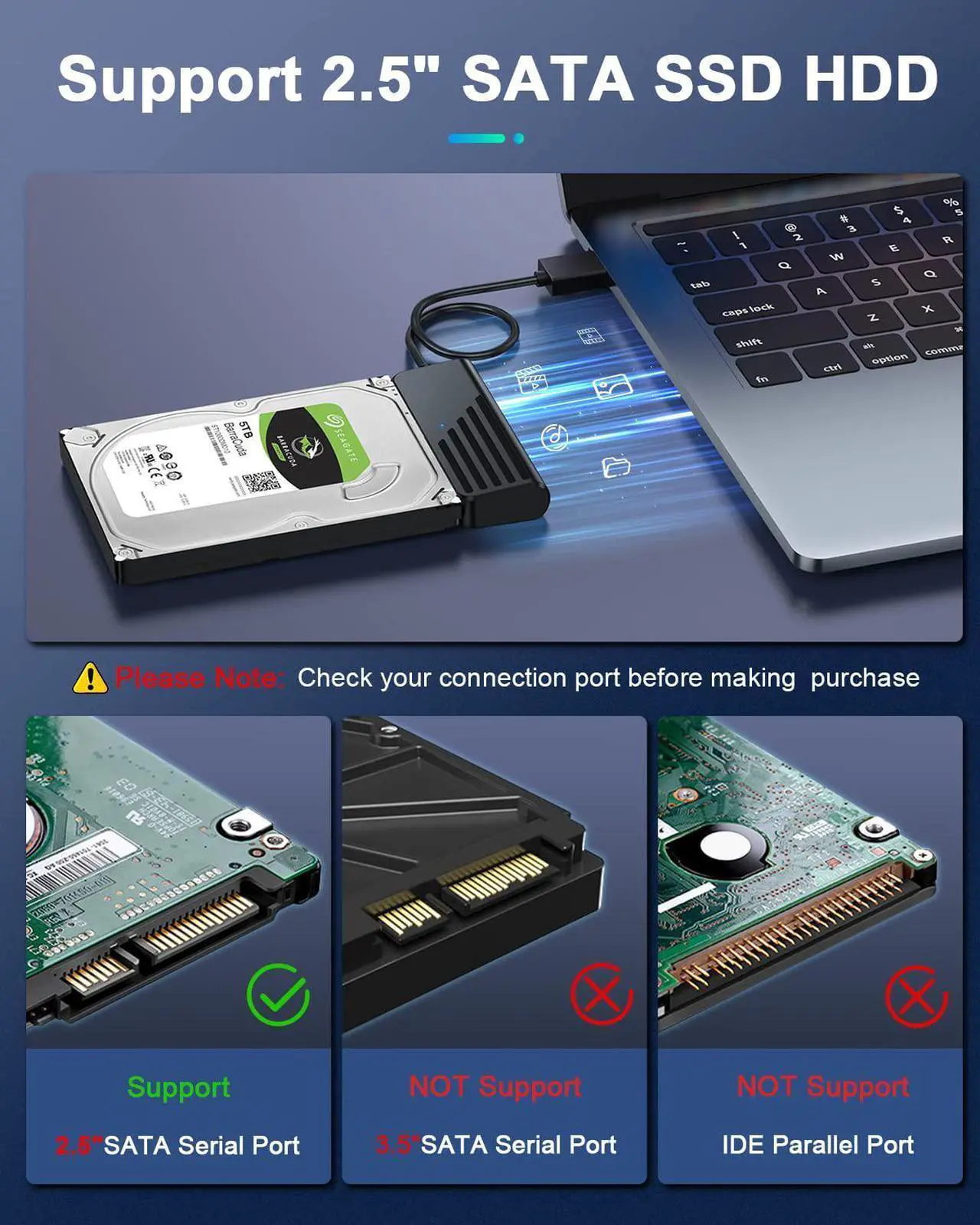 Alt view image 5 of 7 - SATA to USB A Cable, USB 3.0 to SATA III External Hard Drive Adapter for SSD/2.5 1.8 HDD External Converter in Data Transfer, UASP Support (Black)