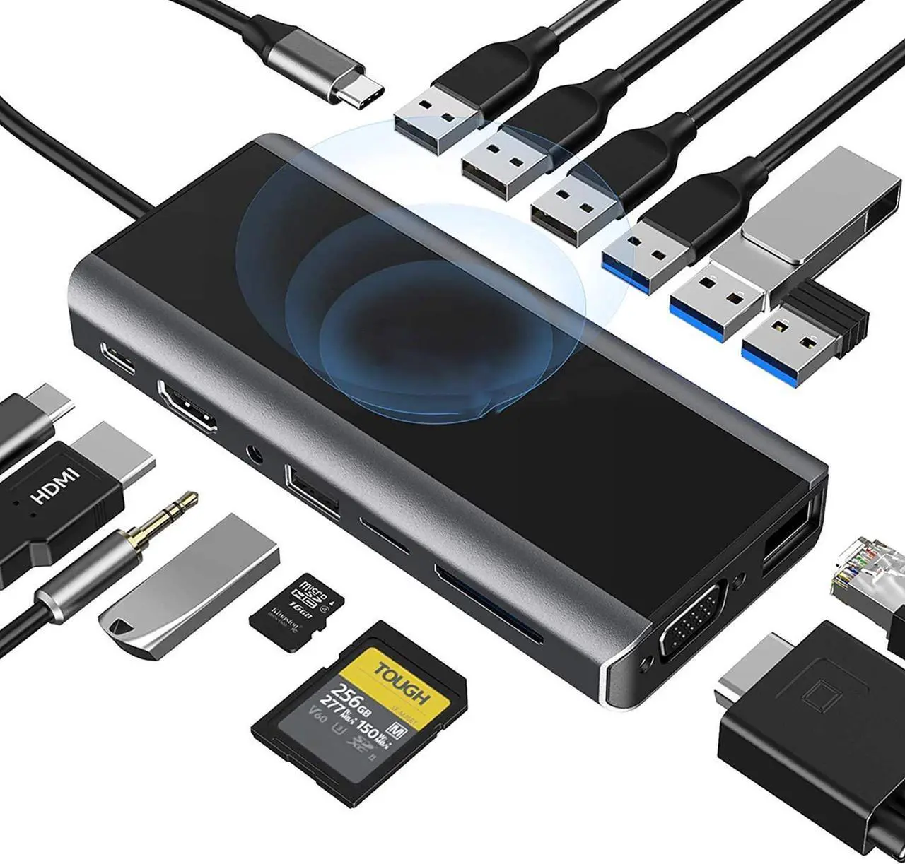 Main image of USB C Hub, 15-in-1 USB-C Hub with 4K HDMI, VGA, Wireless Charger, 1000M RJ45 Gigabit Ethernet, 7 USB (3x USB 3.0 & 4x USB 2.0), PD 100W, SD/TF & 3.5mm AUX, USB C Dock for MacBook Pro and Type C Device