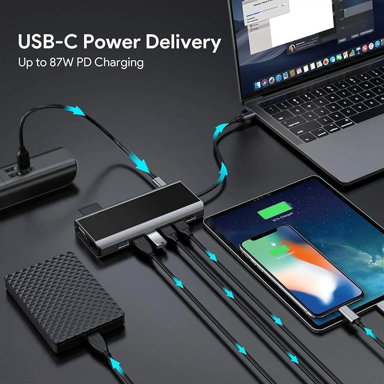 Alt view image 5 of 7 - USB C Hub, 15-in-1 USB-C Hub with 4K HDMI, VGA, Wireless Charger, 1000M RJ45 Gigabit Ethernet, 7 USB (3x USB 3.0 & 4x USB 2.0), PD 100W, SD/TF & 3.5mm AUX, USB C Dock for MacBook Pro and Type C Device