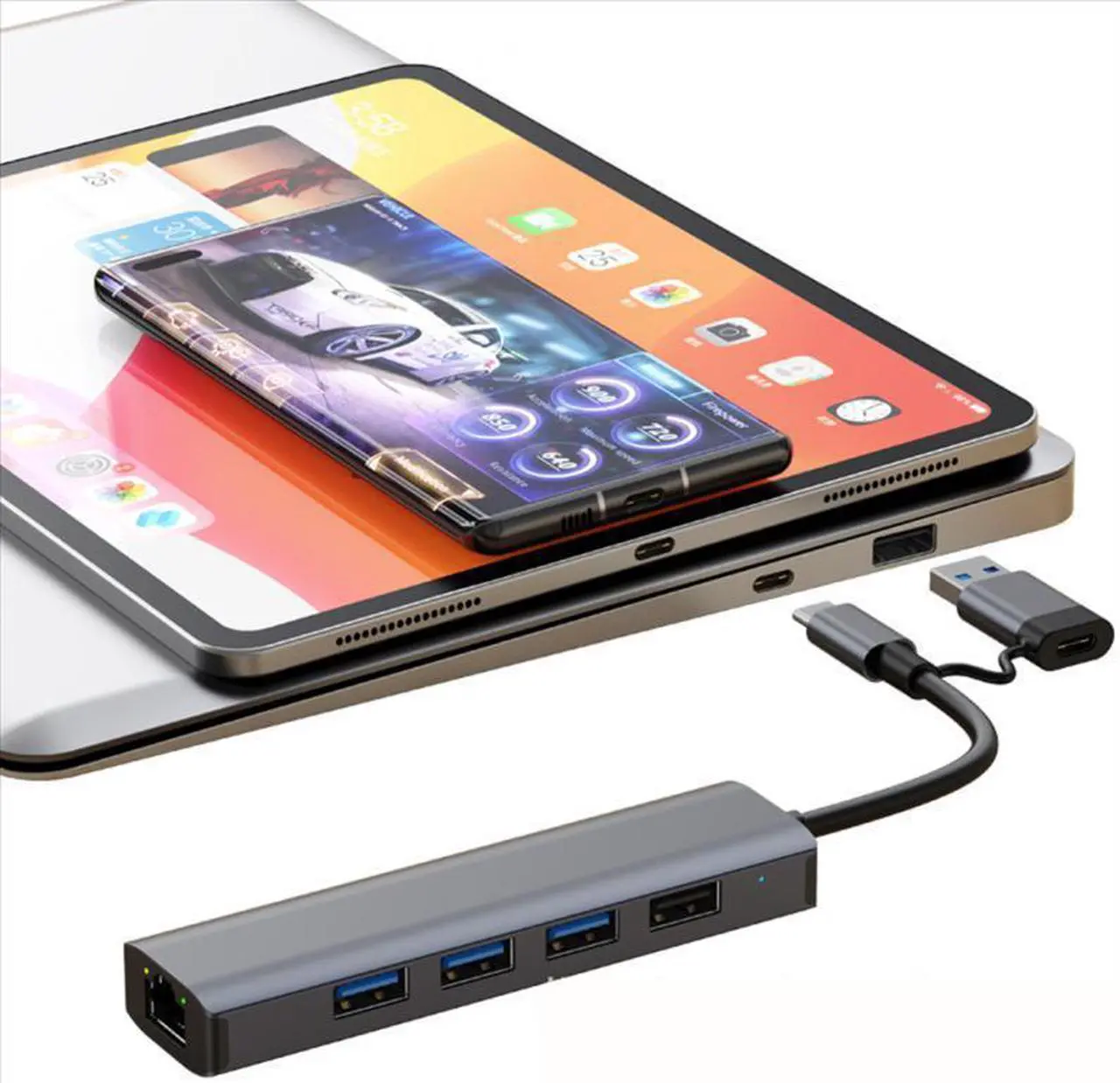 Alt view image 3 of 7 - USB C & USB 3.0 to Ethernet Adapter, [3x USB 3.0 + 1x USB 2.0] 5 in 1 USB Hub with RJ45 10/100/1000 Gigabit Ethernet Adapter Support Windows 10,8.1,Mac OS, Surface Pro,Linux,Chromebook and More