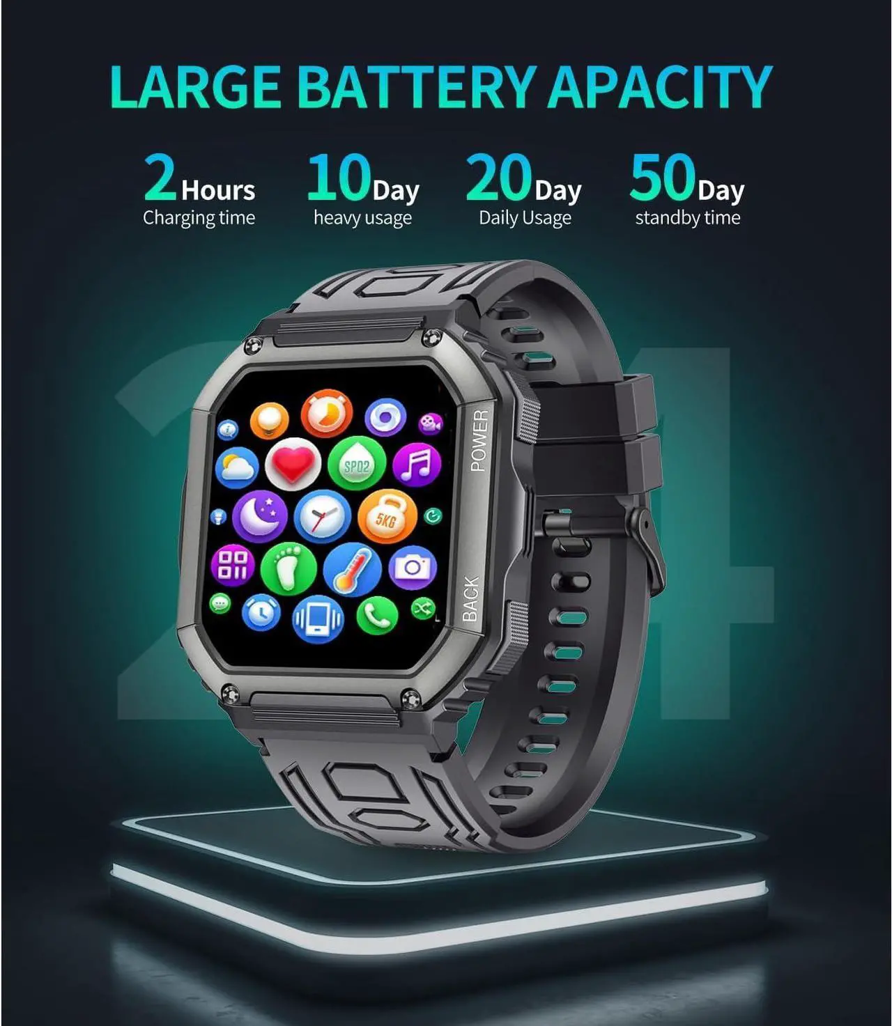 Alt view image 6 of 7 - Military Sport Smart Watch, 1.8'' Smart Watches for Men with Bluetooth Call (Answer/Dial Calls), Mens Tactical Smartwatch for IOS Android Phone, 5ATM Waterproof Watch with 107 Modes Fitness Tracker