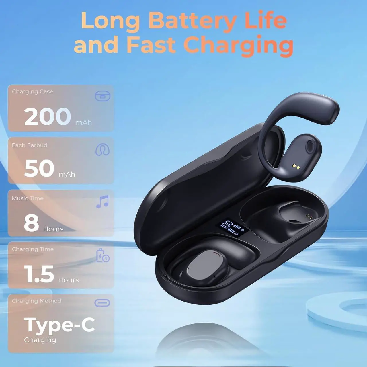 Alt view image 4 of 7 - Wireless Earbuds | Bluetooth Headphones, Non-In-Ear Ear Protection Headphones Wireless Bluetooth 5.3 with LED Display, Up to 8 Hours Playtime Touch Control Sports Waterproof Earbuds Wireless Bluetooth