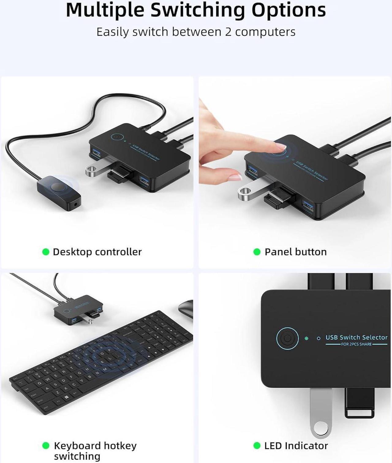 Alt view image 4 of 7 - USB 3.0 Switch 2 in 4 Ouit, USB Switcher for 2 Computers Share 4 USB for Printer Keyboard Mouse, Scanner, USB KVM Switch Selector with 2 USB 3.0 Cables, Support Hotkey/Button/Wired Remote Switching
