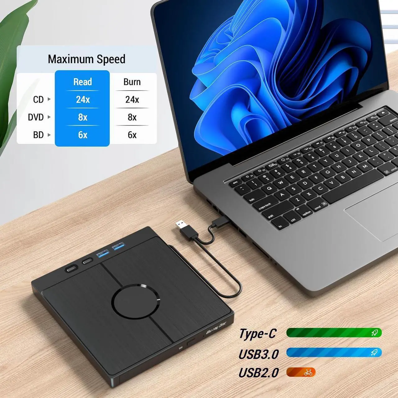 Alt view image 5 of 7 - [7 in 1] External Bluray DVD Drive, USB 3.0 Type-C 3D Blu-ray DVD Burner Slim Optical External Bluray DVD Burner with SD/TF Card Slot 2 USB 3.0 Ports 2 Type-C Ports for Laptop PC Windows Linux MacOS