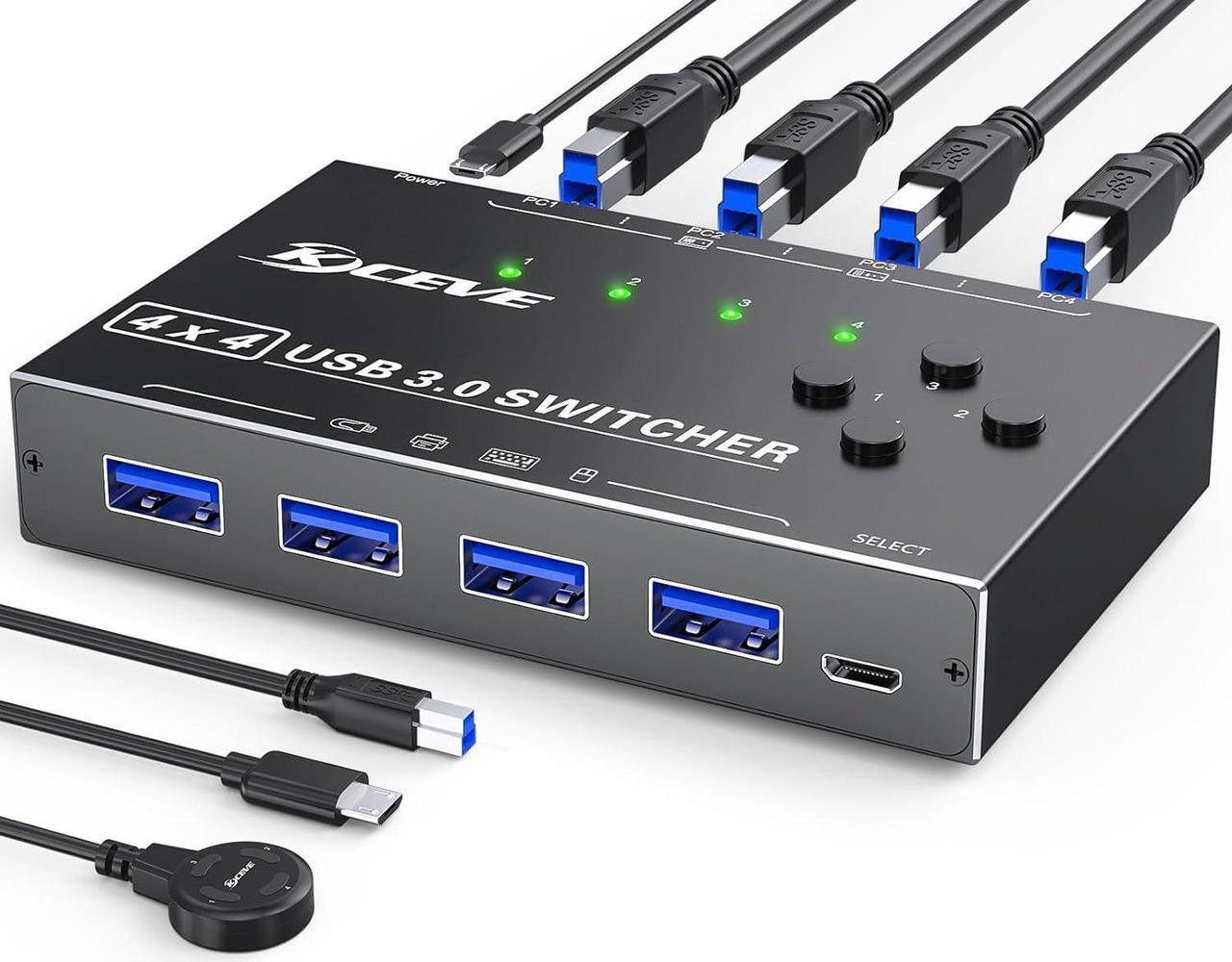 Main image of USB 3.0 Switch 4 Computers, 4 Port USB 3.0 Switch Selector for 4 Computer Share 4 USB Devices, Keyboard Mouse Switch, 4 in 4 Out USB Switcher with Wired Remote and 4 Standard USB-B Cables