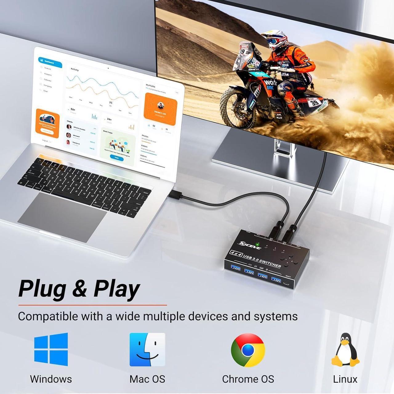 Alt view image 7 of 7 - USB 3.0 Switch 4 Computers, 4 Port USB 3.0 Switch Selector for 4 Computer Share 4 USB Devices, Keyboard Mouse Switch, 4 in 4 Out USB Switcher with Wired Remote and 4 Standard USB-B Cables