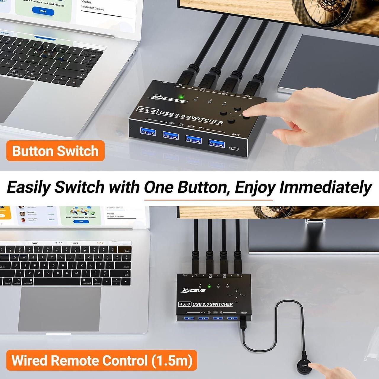 Alt view image 5 of 7 - USB 3.0 Switch 4 Computers, 4 Port USB 3.0 Switch Selector for 4 Computer Share 4 USB Devices, Keyboard Mouse Switch, 4 in 4 Out USB Switcher with Wired Remote and 4 Standard USB-B Cables