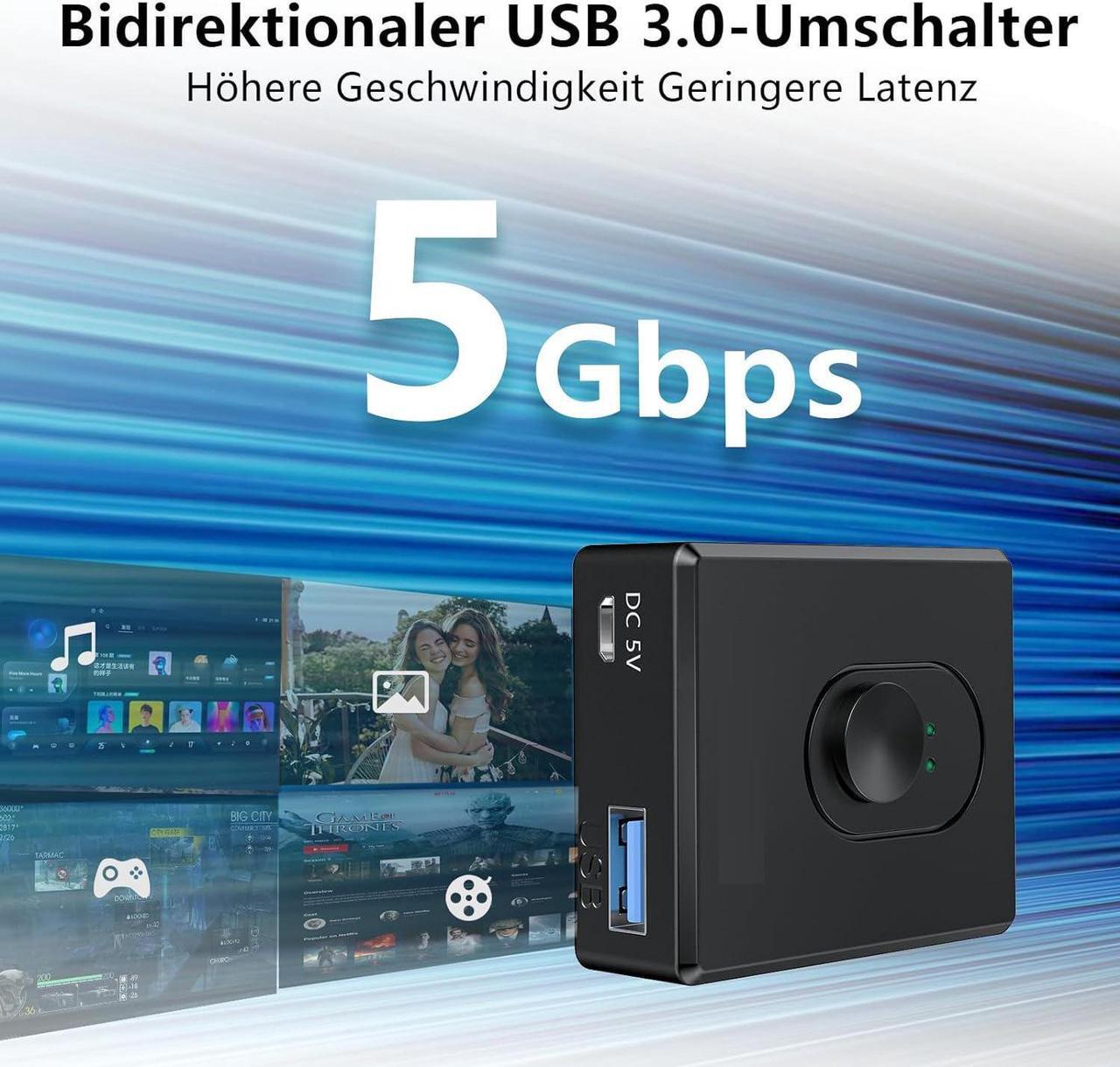 Alt view image 4 of 7 - USB Switch for 2 Computers, Bi-Directional USB 3.0 Switch 2 in 1 Out or 1 in 2 Out, with 10 W Port & 2 Pieces 1M USB 3.0 Cable, USB KVM Switch for PC, Laptop, Mouse, Keyboard, USB Hub, Printer, Car