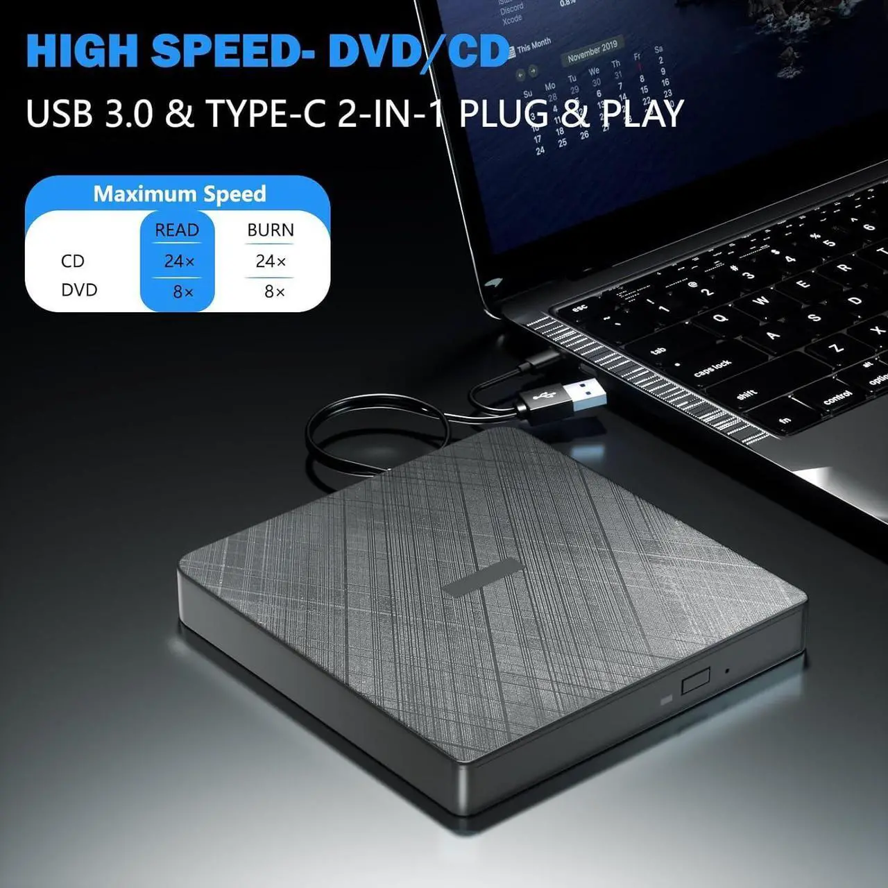 Alt view image 2 of 7 - External CD DVD Drive, USB 3.0 & Type-C Portable CD DVD Burner +/-RW DVD Player for Laptop, External CD/DVD Drive for Laptop, Desktop, External Optical Drive Compatible with Windows 7/8/10/XP Linux OS