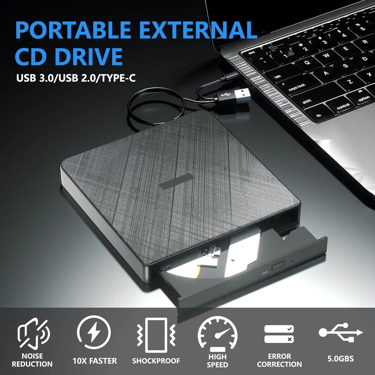 Alt view image 4 of 7 - External CD DVD Drive, USB 3.0 & Type-C Portable CD DVD Burner +/-RW DVD Player for Laptop, External CD/DVD Drive for Laptop, Desktop, External Optical Drive Compatible with Windows 7/8/10/XP Linux OS