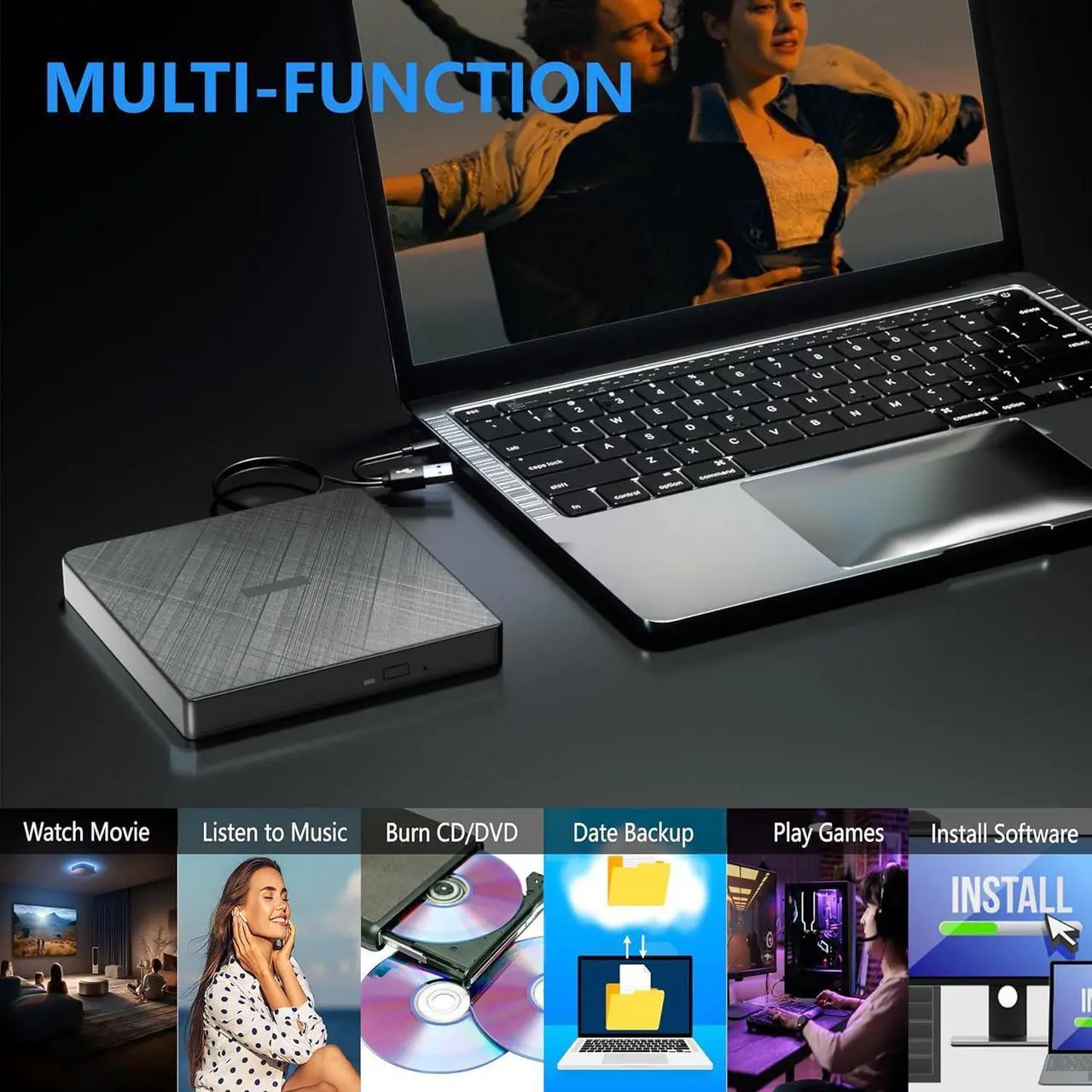 Alt view image 5 of 7 - External CD DVD Drive, USB 3.0 & Type-C Portable CD DVD Burner +/-RW DVD Player for Laptop, External CD/DVD Drive for Laptop, Desktop, External Optical Drive Compatible with Windows 7/8/10/XP Linux OS