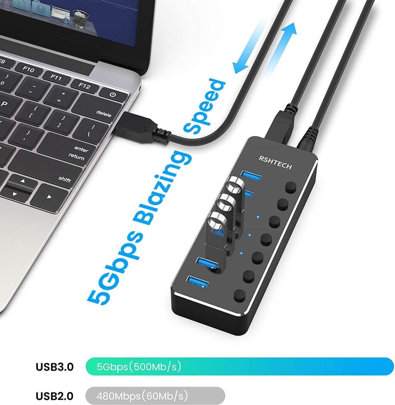 Alt view image 2 of 5 - RSHTECH USB 3.0 Hub Powered 7 Port USB Data Hub Extender Aluminum USB Splitter with Individual On/Off Switches and Universal 5V AC Adapter, 3.3ft USB 3.0 Cable (RSH-518)
