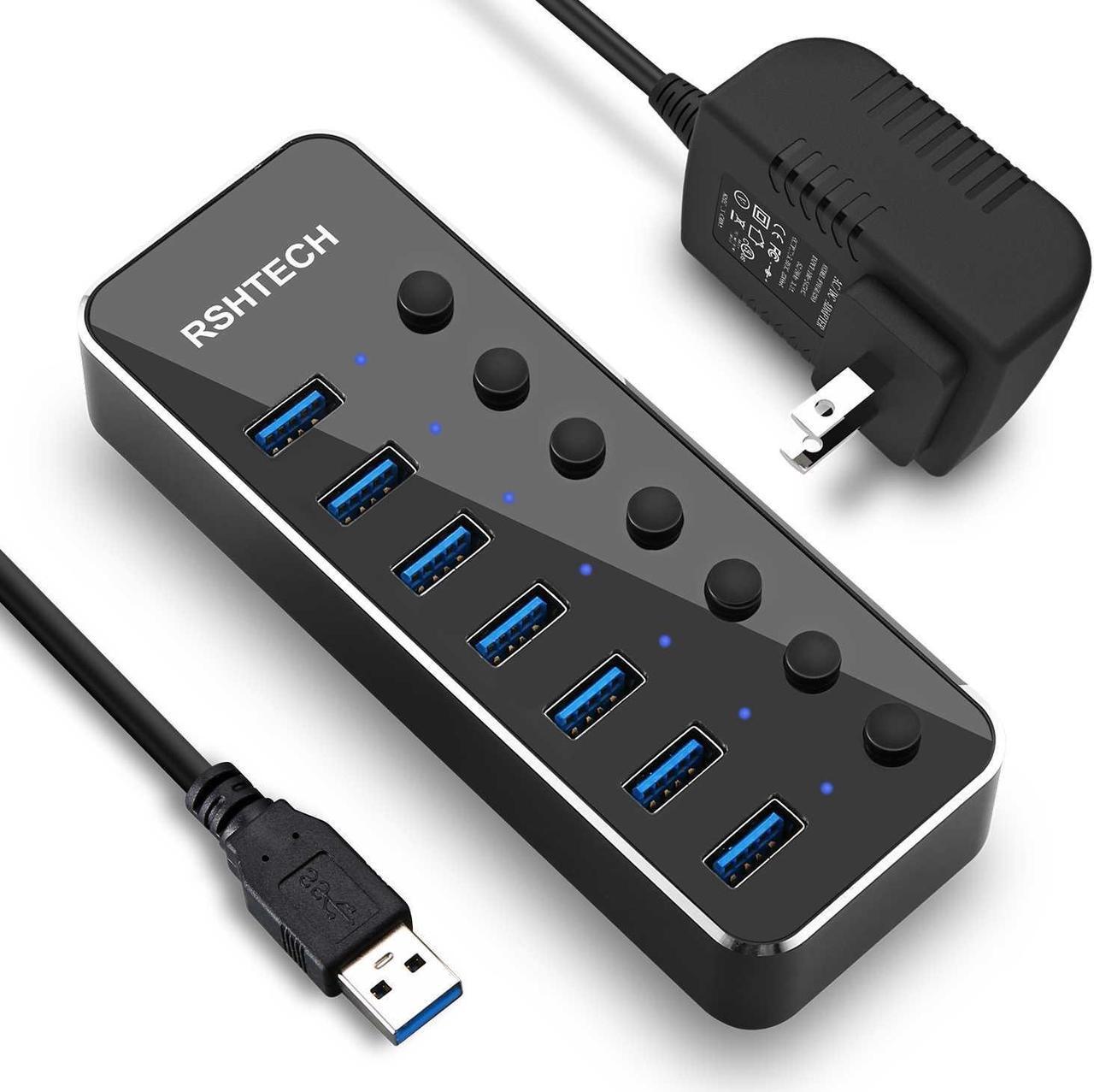 Main image of RSHTECH USB 3.0 Hub Powered 7 Port USB Data Hub Extender Aluminum USB Splitter with Individual On/Off Switches and Universal 5V AC Adapter, 3.3ft USB 3.0 Cable (RSH-518)