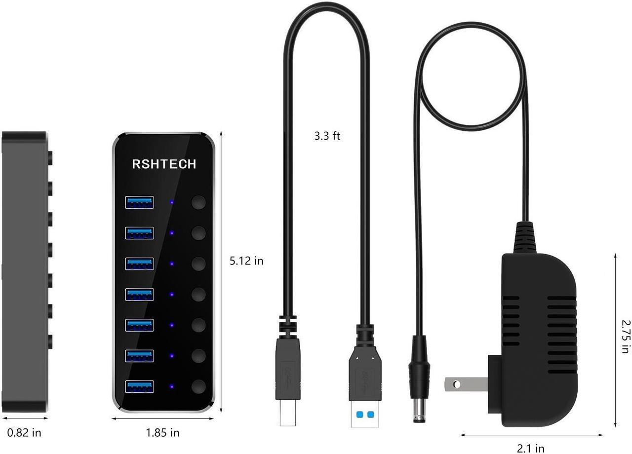 Alt view image 4 of 5 - RSHTECH USB 3.0 Hub Powered 7 Port USB Data Hub Extender Aluminum USB Splitter with Individual On/Off Switches and Universal 5V AC Adapter, 3.3ft USB 3.0 Cable (RSH-518)