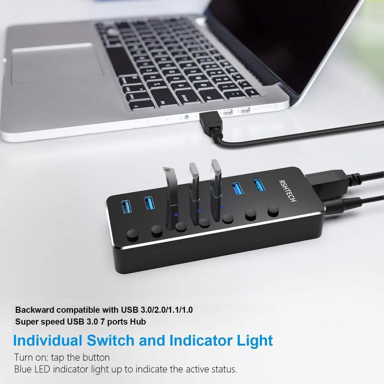 Alt view image 5 of 5 - RSHTECH USB 3.0 Hub Powered 7 Port USB Data Hub Extender Aluminum USB Splitter with Individual On/Off Switches and Universal 5V AC Adapter, 3.3ft USB 3.0 Cable (RSH-518)
